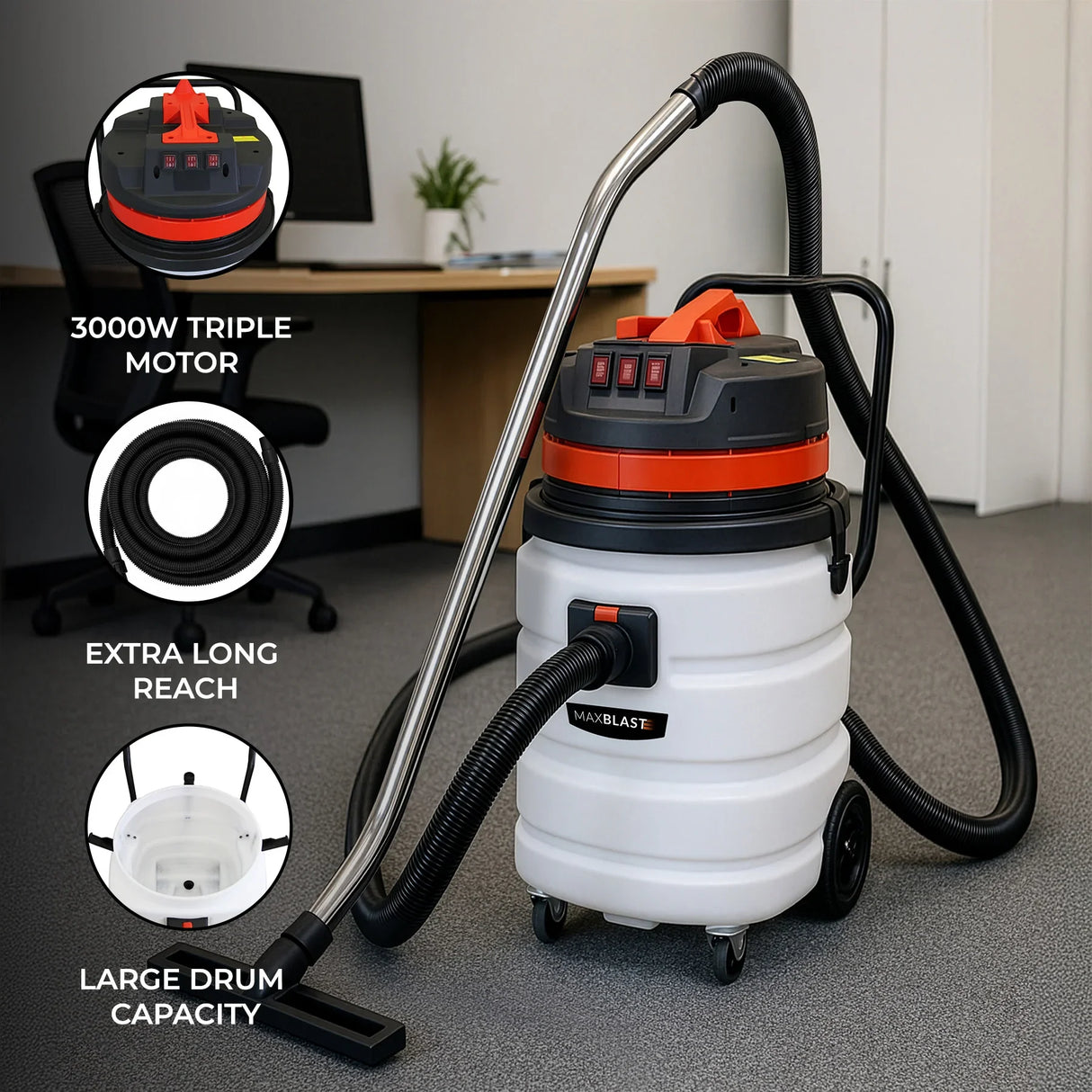 90L wet and dry vacuum with a powerful 3000W motor, featuring a durable white drum, red accents, and a 5m flexible hose for extended reach