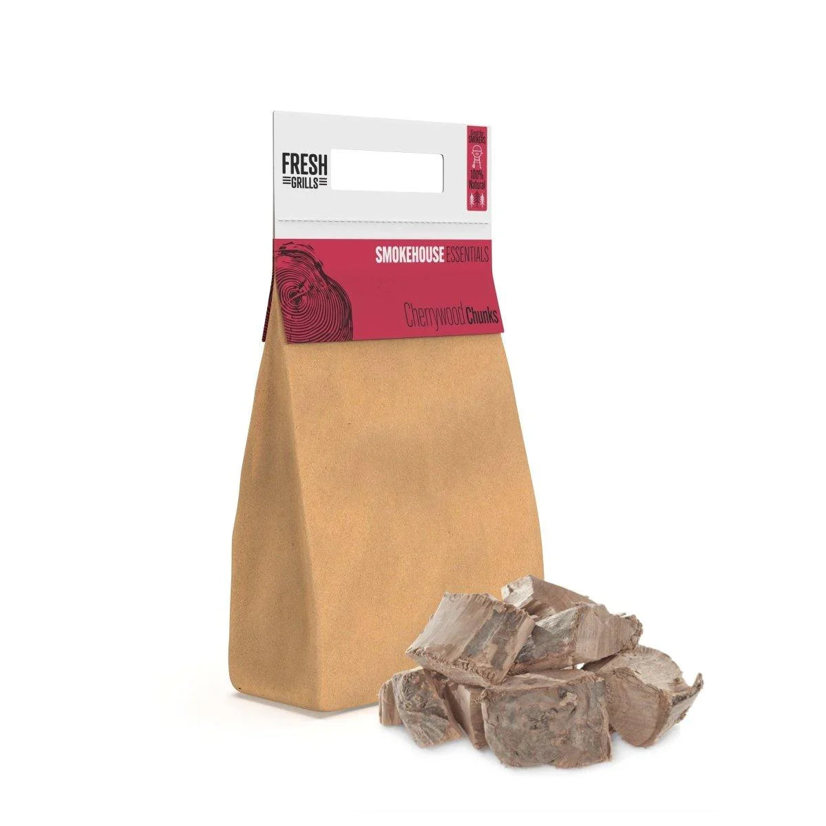 Cherrywood smoking chunks in a brown kraft bag, showcasing natural wood texture and rich brown tones for BBQ flavor enhancement