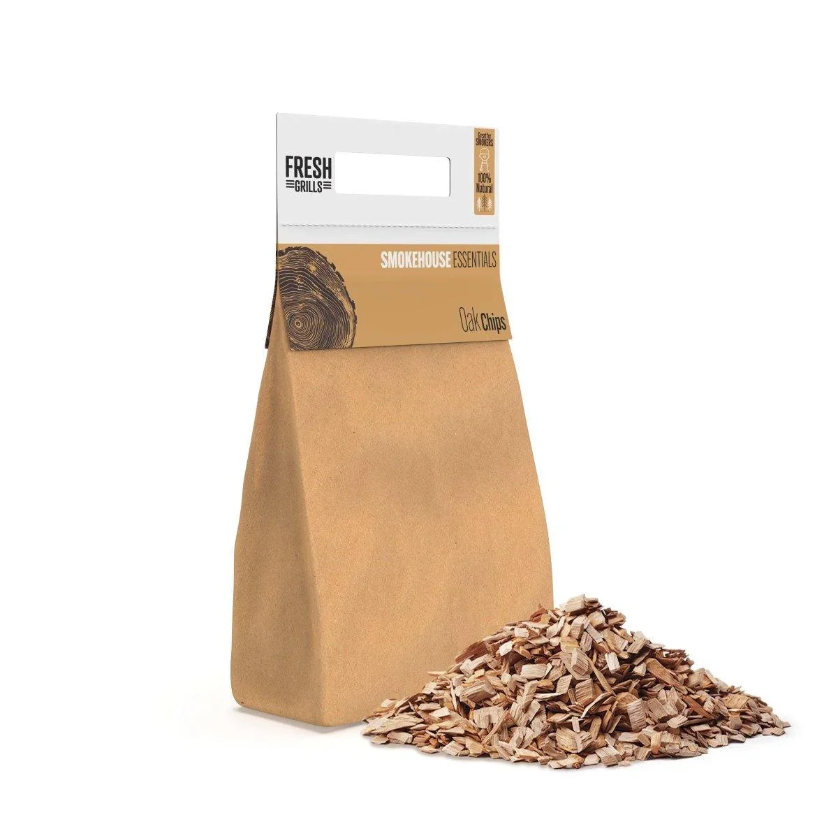 Oak wood chips in a kraft paper bag, showcasing a textured pile of chips, ideal for BBQ smoking and grilling