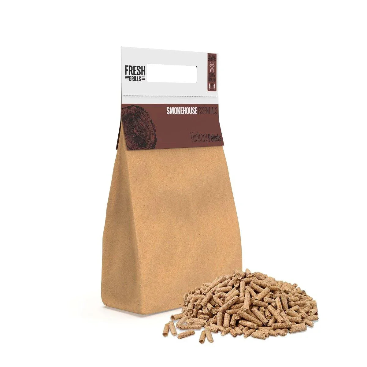 Hickory wood pellets in a brown kraft bag, with a pile of pellets beside it, ideal for enhancing BBQ flavor and smoke
