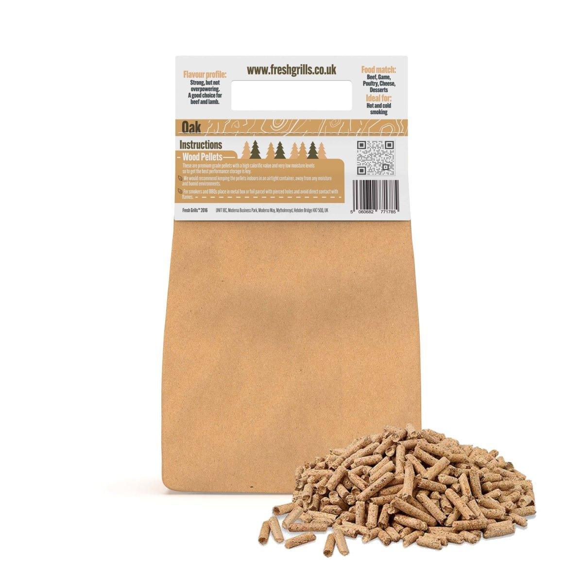 Oak BBQ smoking wood pellets in a brown paper bag, featuring a pile of small, uniform pellets, ideal for grilling and smoking