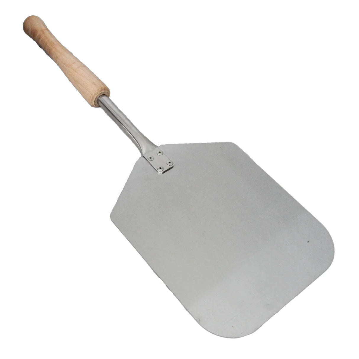 Stainless steel pizza peel with a wooden handle, designed for easy pizza transfer, featuring a flat, wide surface and sturdy construction