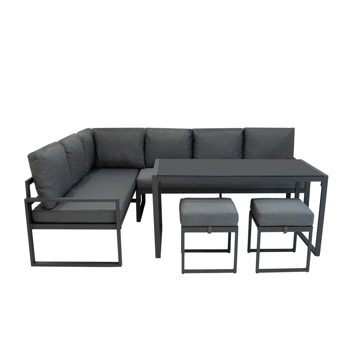 Anthracite grey aluminium corner sofa set with plush cushions, accompanied by a sleek rectangular table and two matching stools