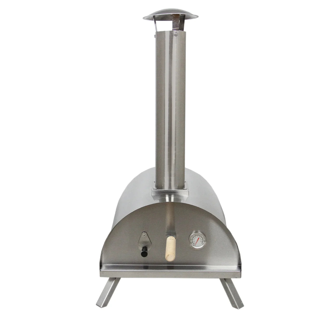 Table top pizza oven in polished stainless steel with a tall chimney, featuring a wooden pizza peel and temperature gauge