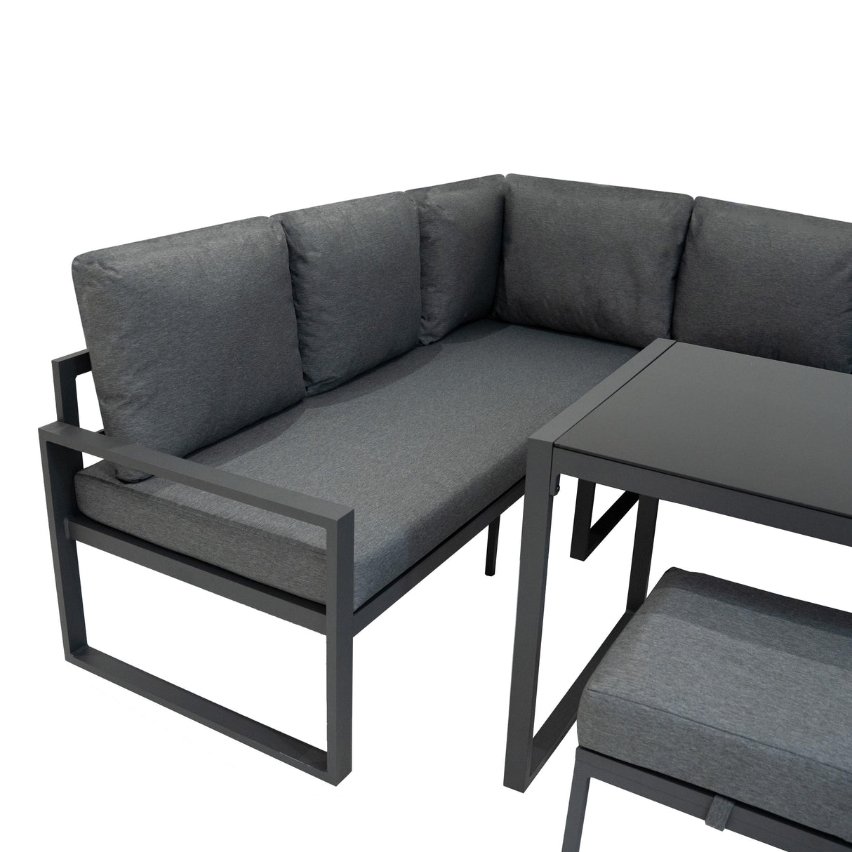 Anthracite grey aluminium corner sofa set with plush cushions, featuring a sleek design and modern square table for outdoor dining