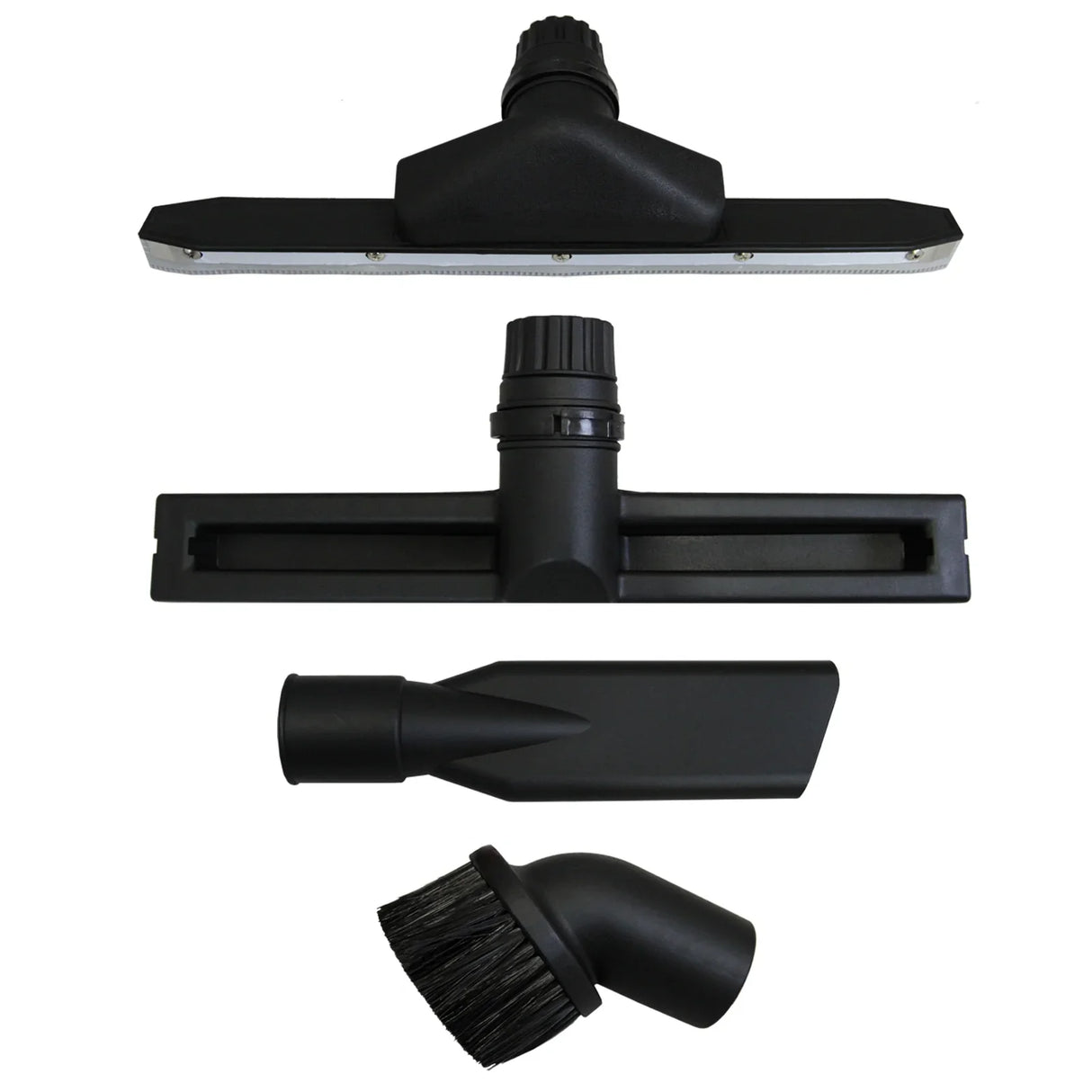 Four black vacuum attachments for a 90L wet and dry vacuum, including a gutter vacuum pole, brush, and crevice tool, showcasing durable materials and versatile shapes