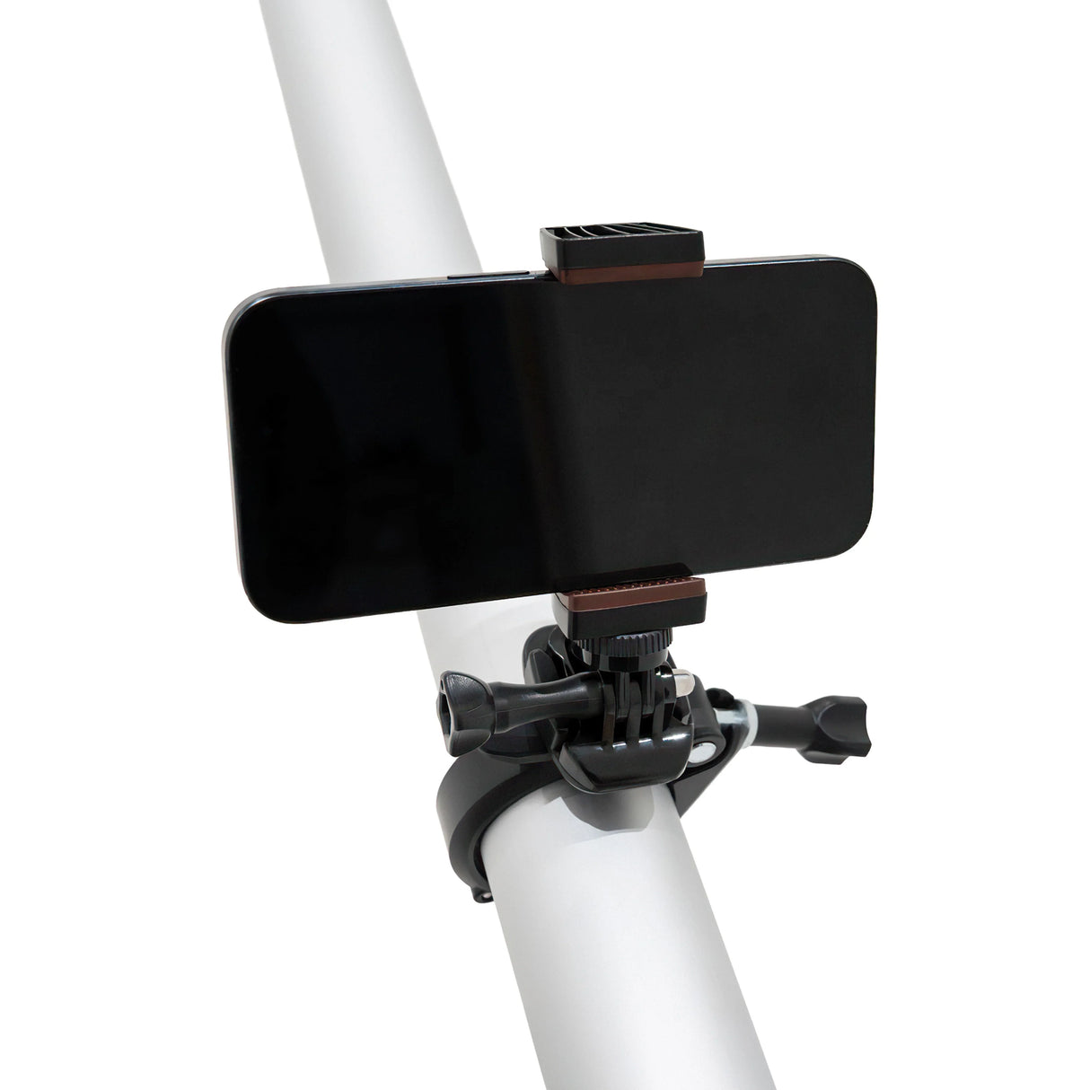 Smartphone mount attached to a white pole, designed for capturing images while using an 80L wet and dry vacuum system