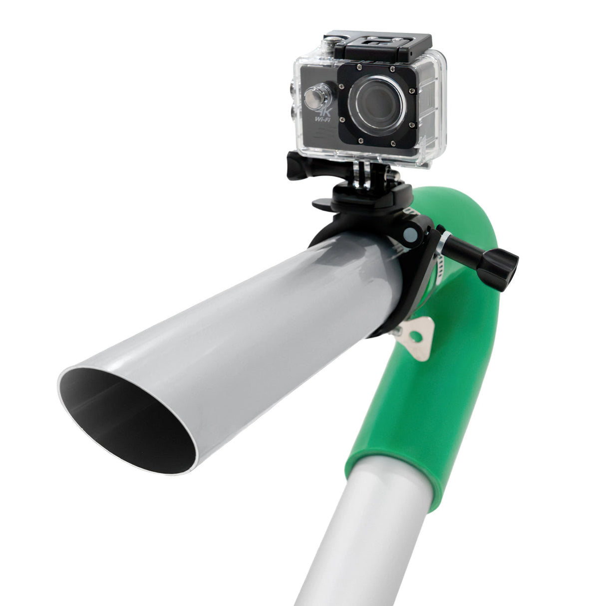 Gutter vacuum pole with a green handle, silver nozzle, and attached camera for efficient wet and dry cleaning tasks