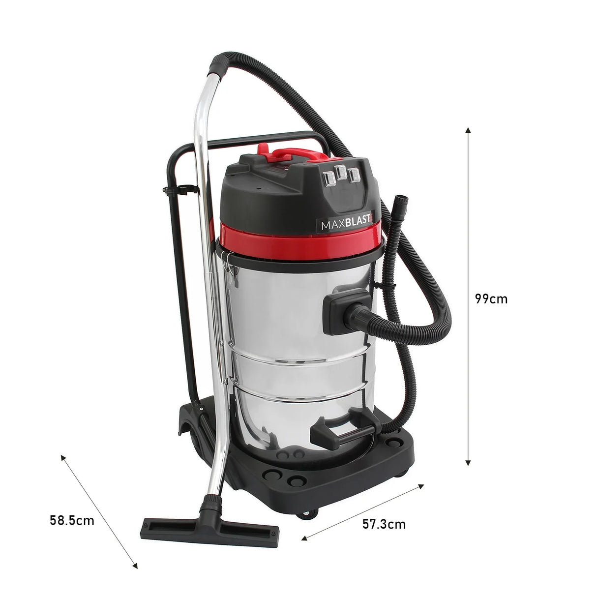 80L wet and dry vacuum with a shiny stainless steel body, red accents, and a sturdy design, ideal for versatile cleaning tasks