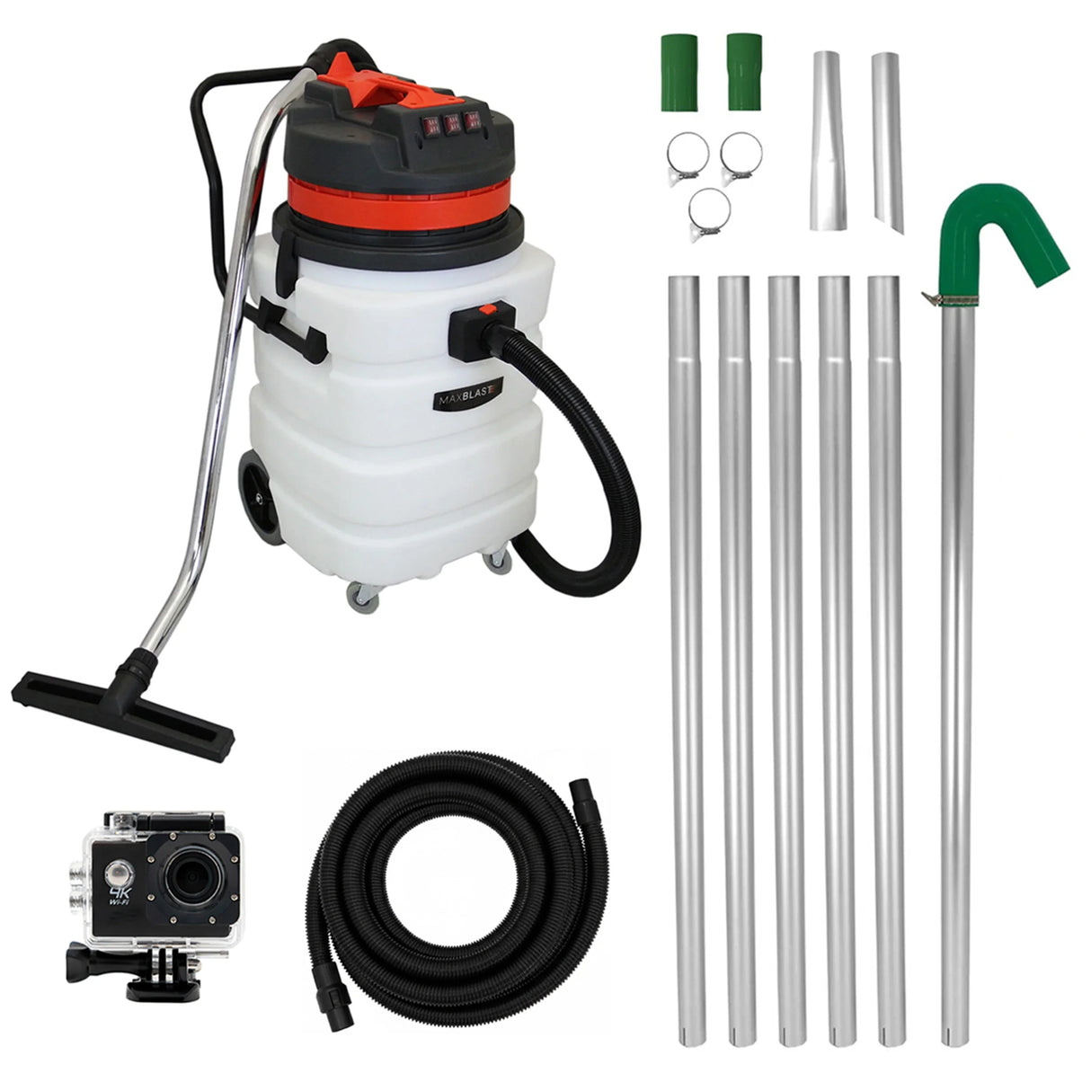 90L wet and dry vacuum with a black and red motor, includes gutter vacuum poles, 5m hose, and a camera for efficient cleaning