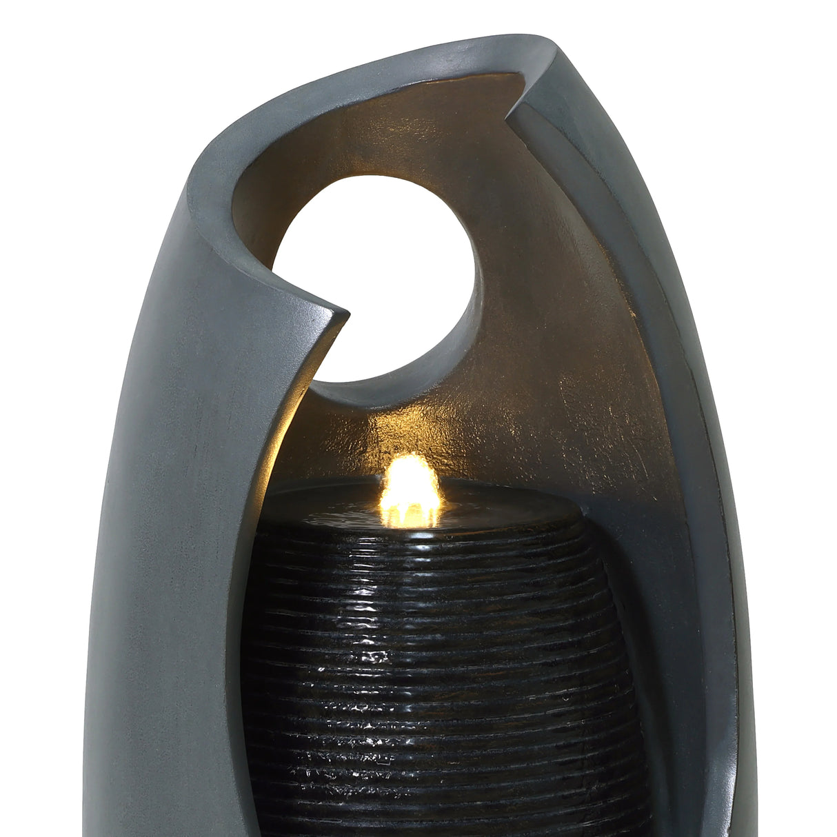 Sleek gray electric water feature with a modern design, featuring a softly glowing light and textured water flow for tranquility