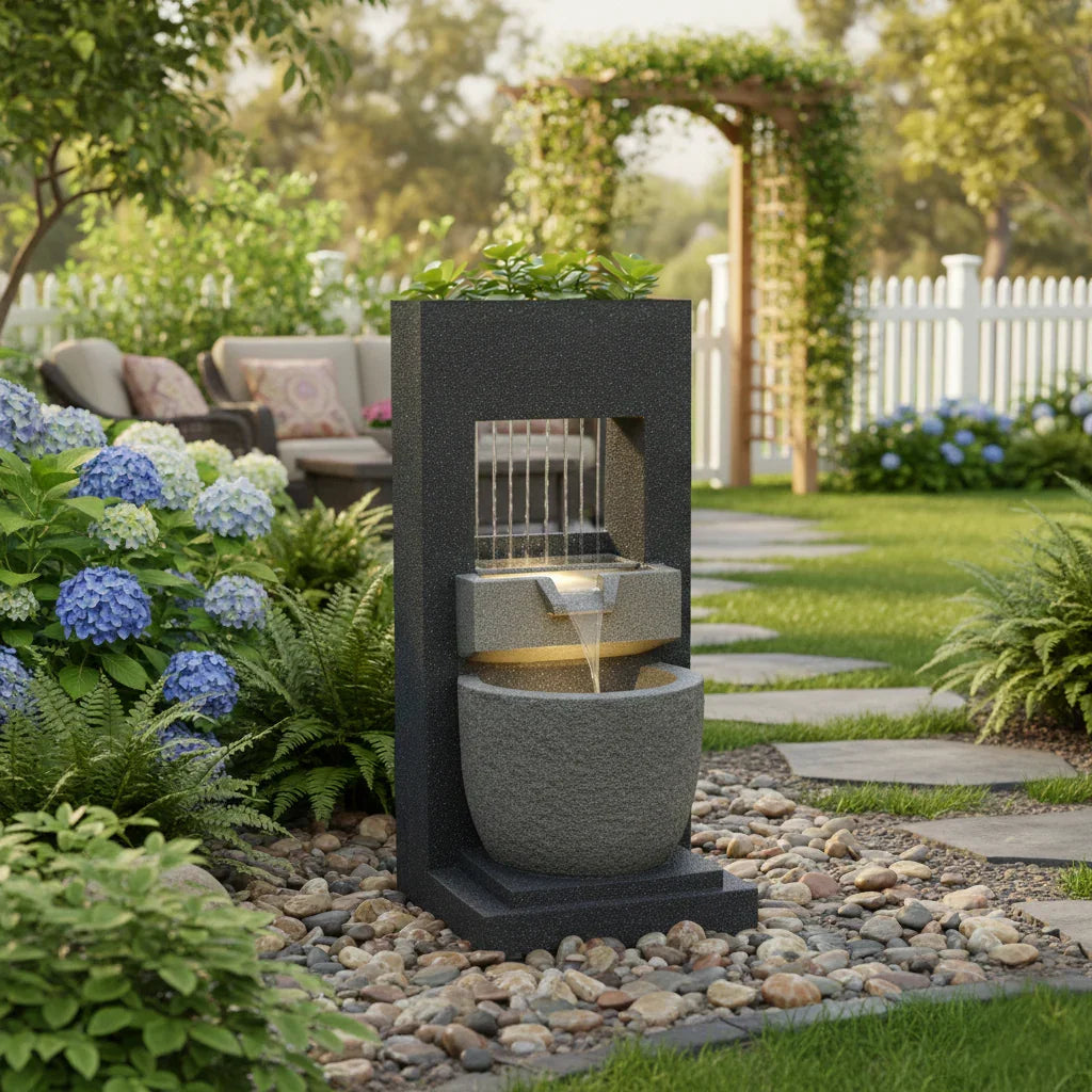 Sleek black electric water feature with cascading water, surrounded by vibrant flowers and lush greenery in a serene garden setting