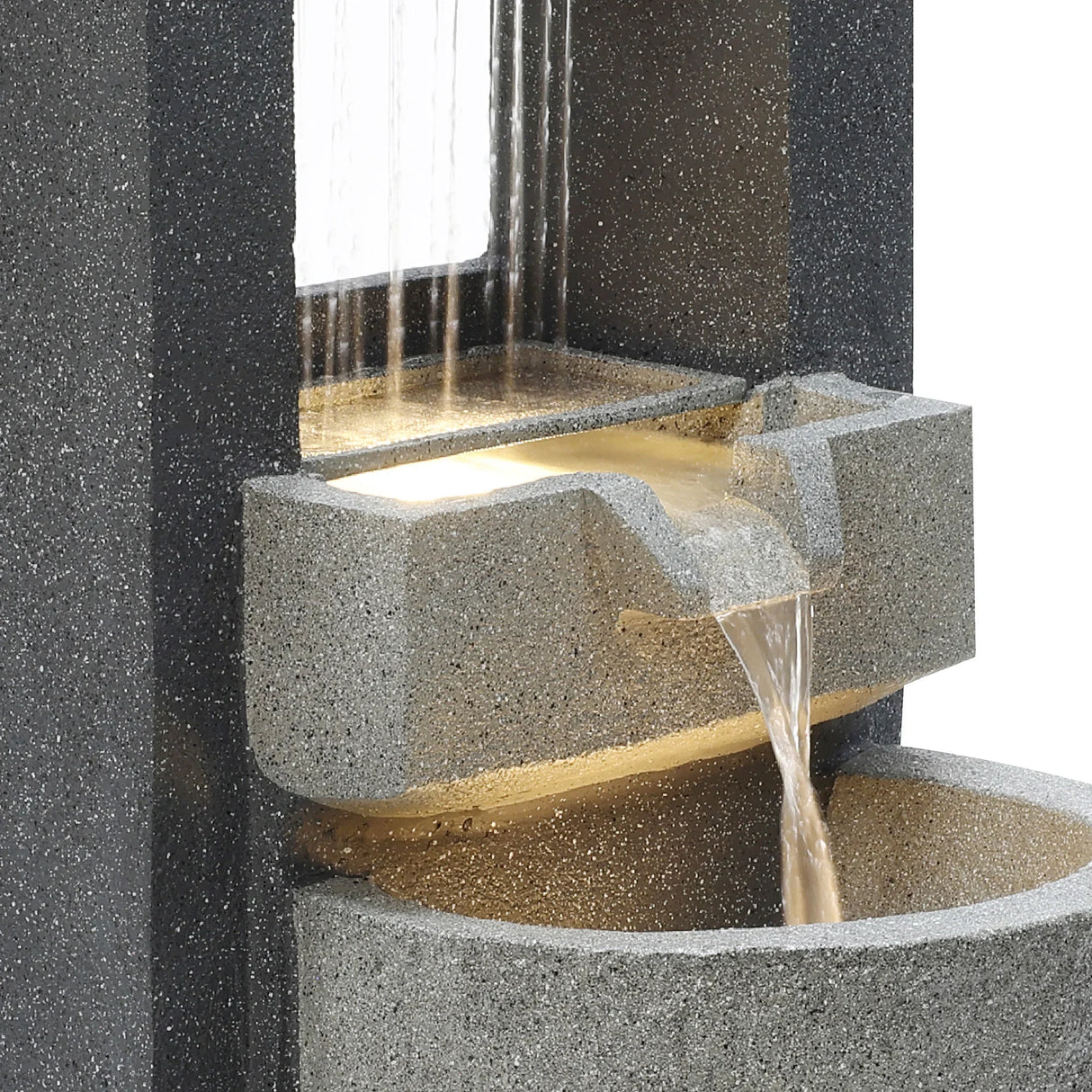Sleek electric water feature with cascading water flow, textured gray stone finish, and illuminated basin for a tranquil ambiance