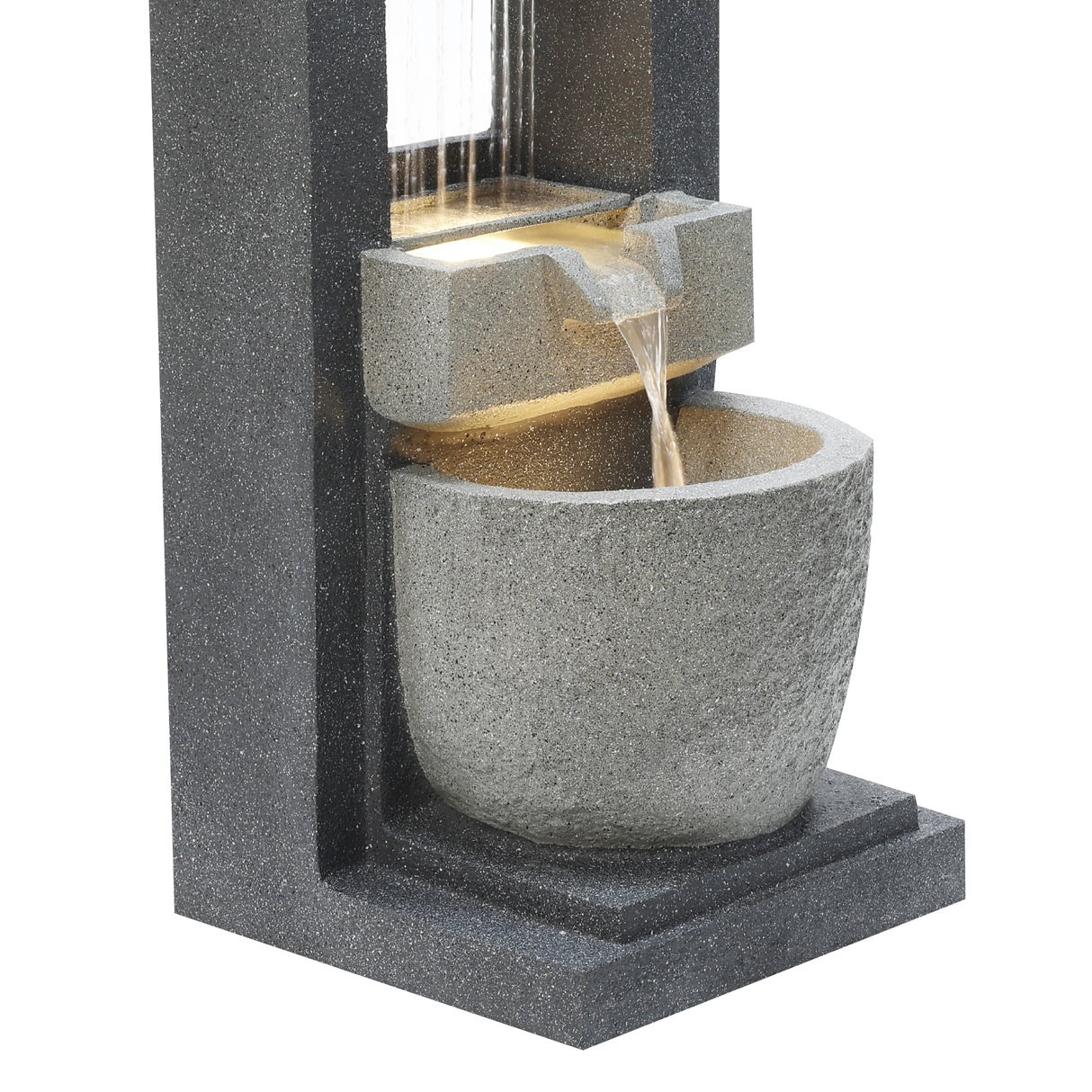 Sleek electric water feature with cascading water, featuring a textured gray stone finish and a modern design for tranquil ambiance