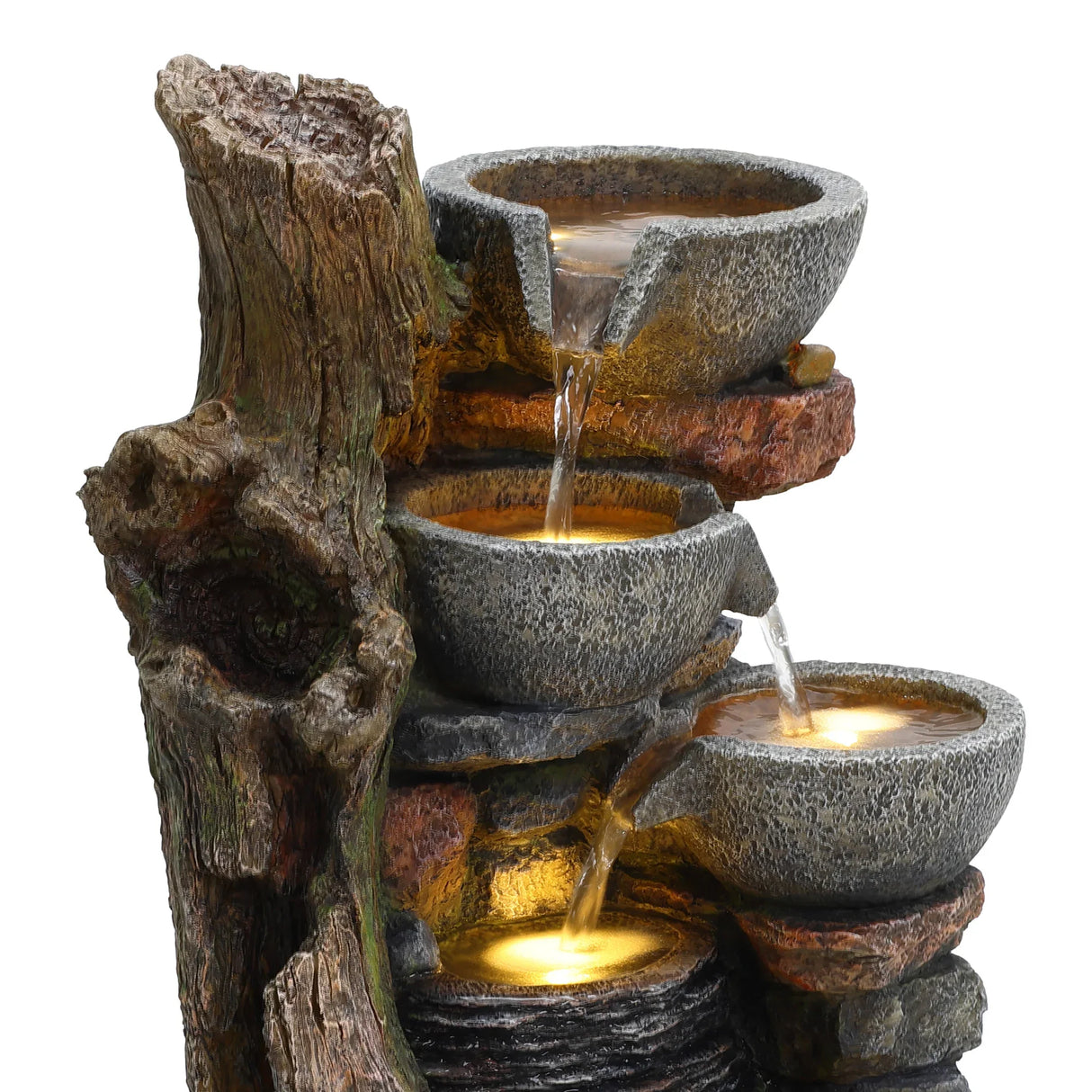 Rustic electric water feature with cascading bowls, textured stone finish, and warm LED lights, enhancing outdoor decor
