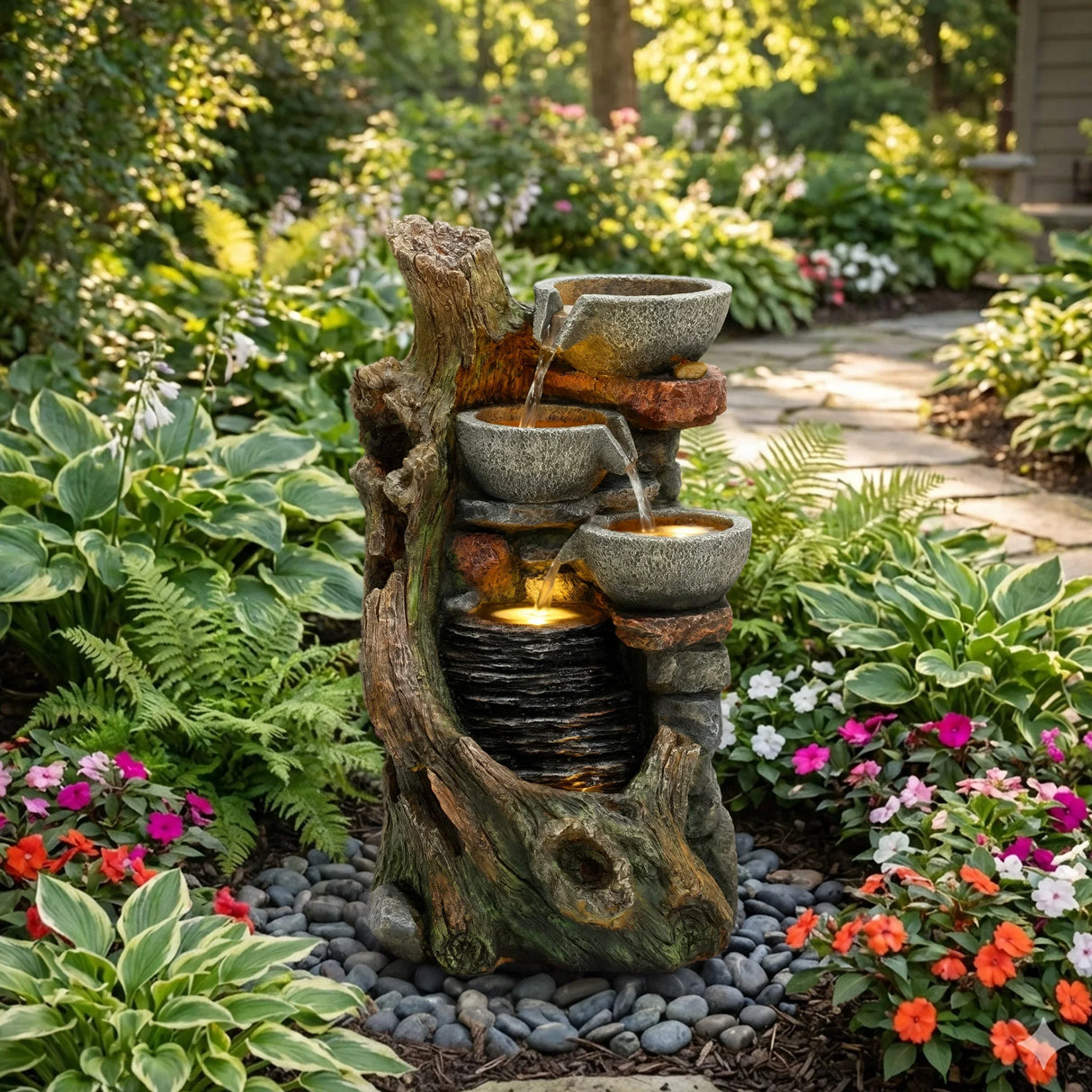 Rustic electric water feature with cascading stone bowls, textured bark, and vibrant flowers in a lush garden setting