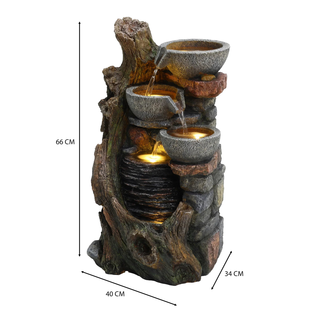 Rustic electric water feature with three cascading bowls, textured stone finish, and warm LED lights, enhancing outdoor decor