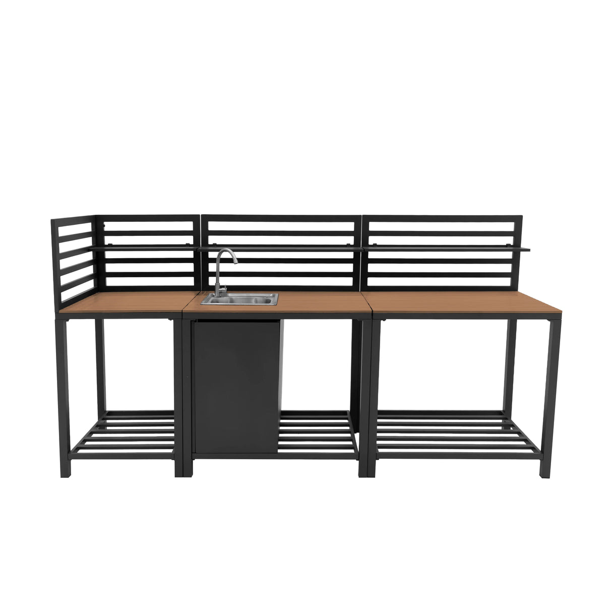 Aluminium and wood outdoor kitchen set with three pieces, featuring a sleek black frame, slatted design, and integrated sink