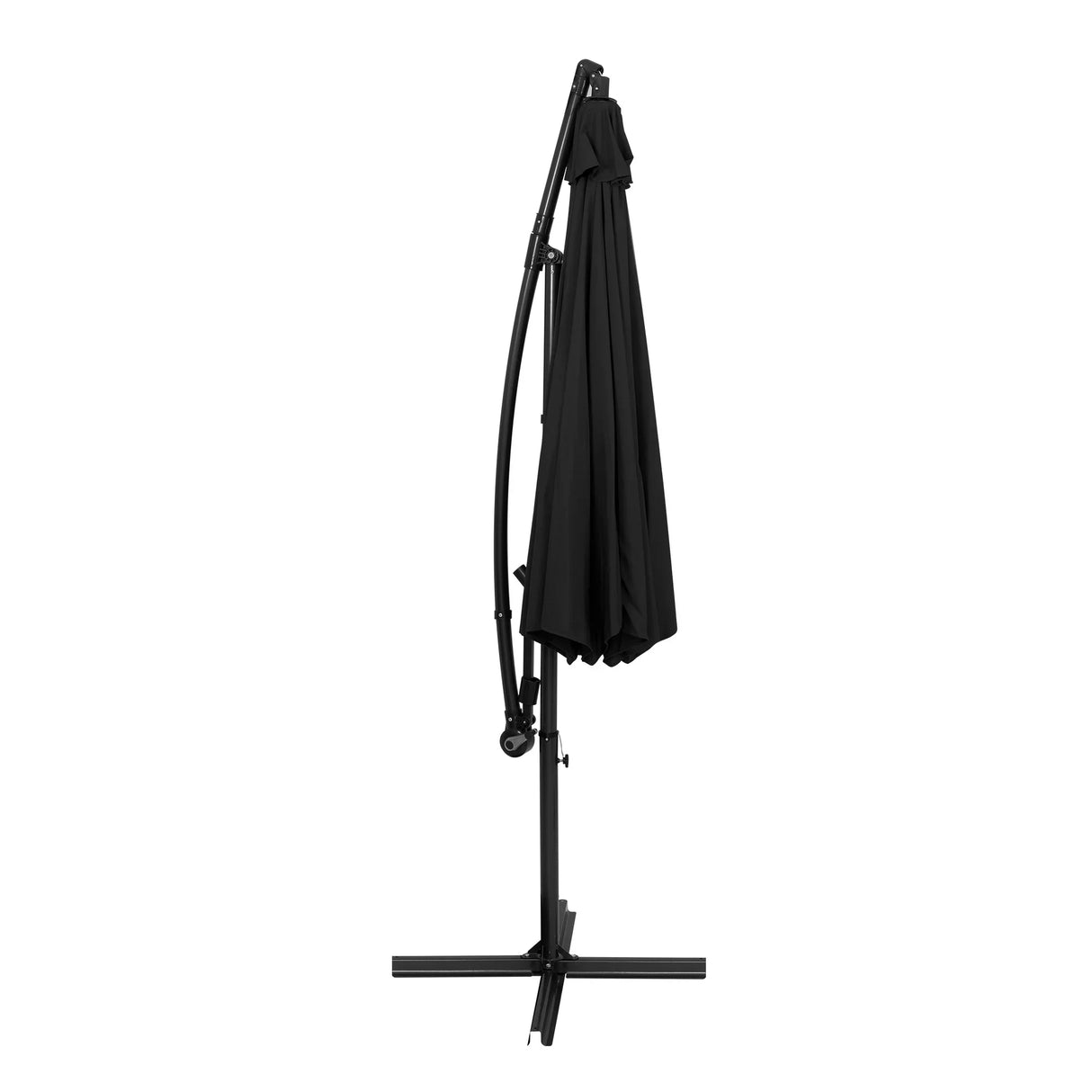 Black cantilever parasol with a sleek, curved frame, featuring a 3m canopy, elegantly folded against a sturdy base