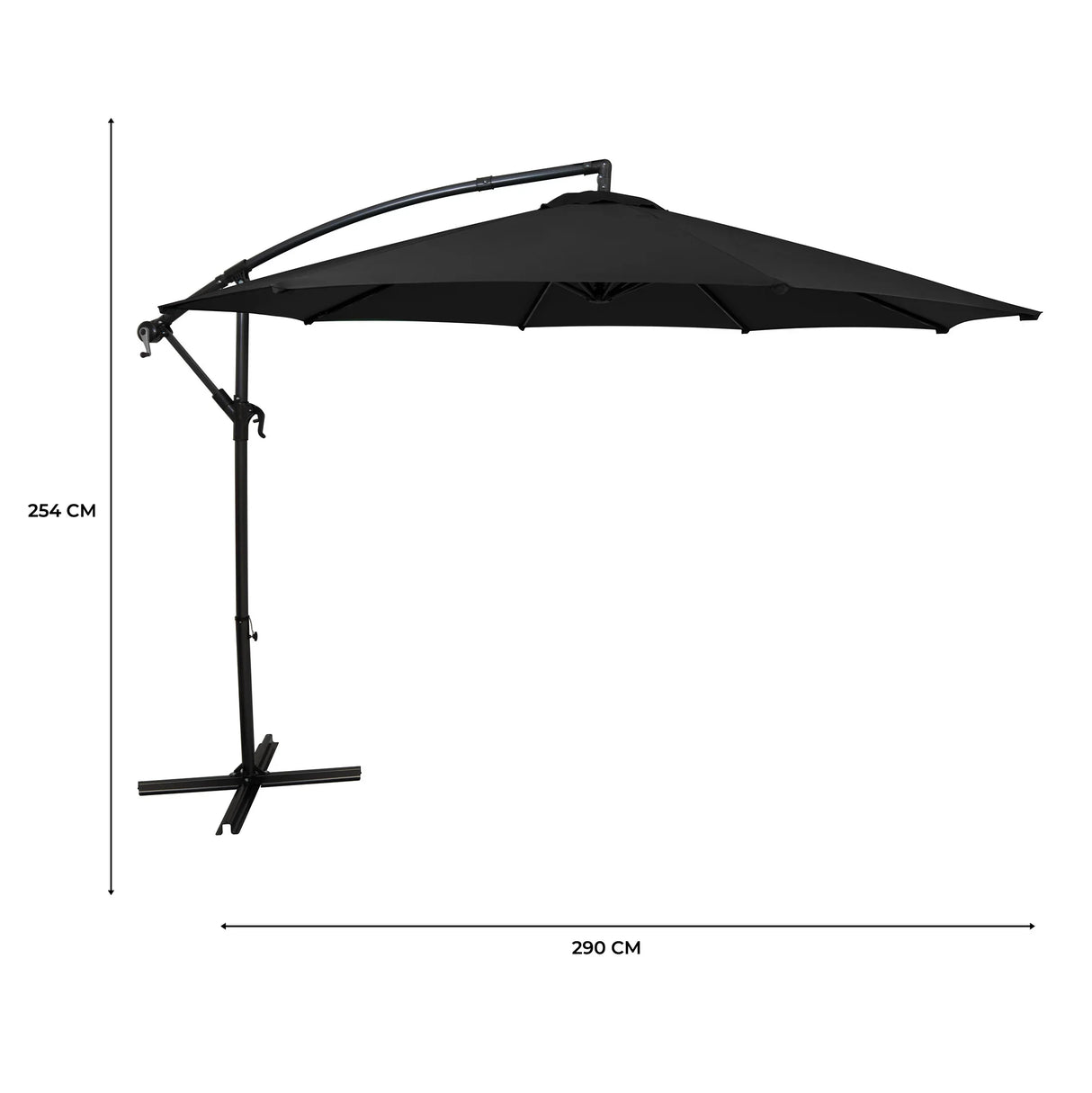 Black cantilever parasol with a 3m canopy, featuring a sturdy frame and adjustable arm for optimal sunshade coverage