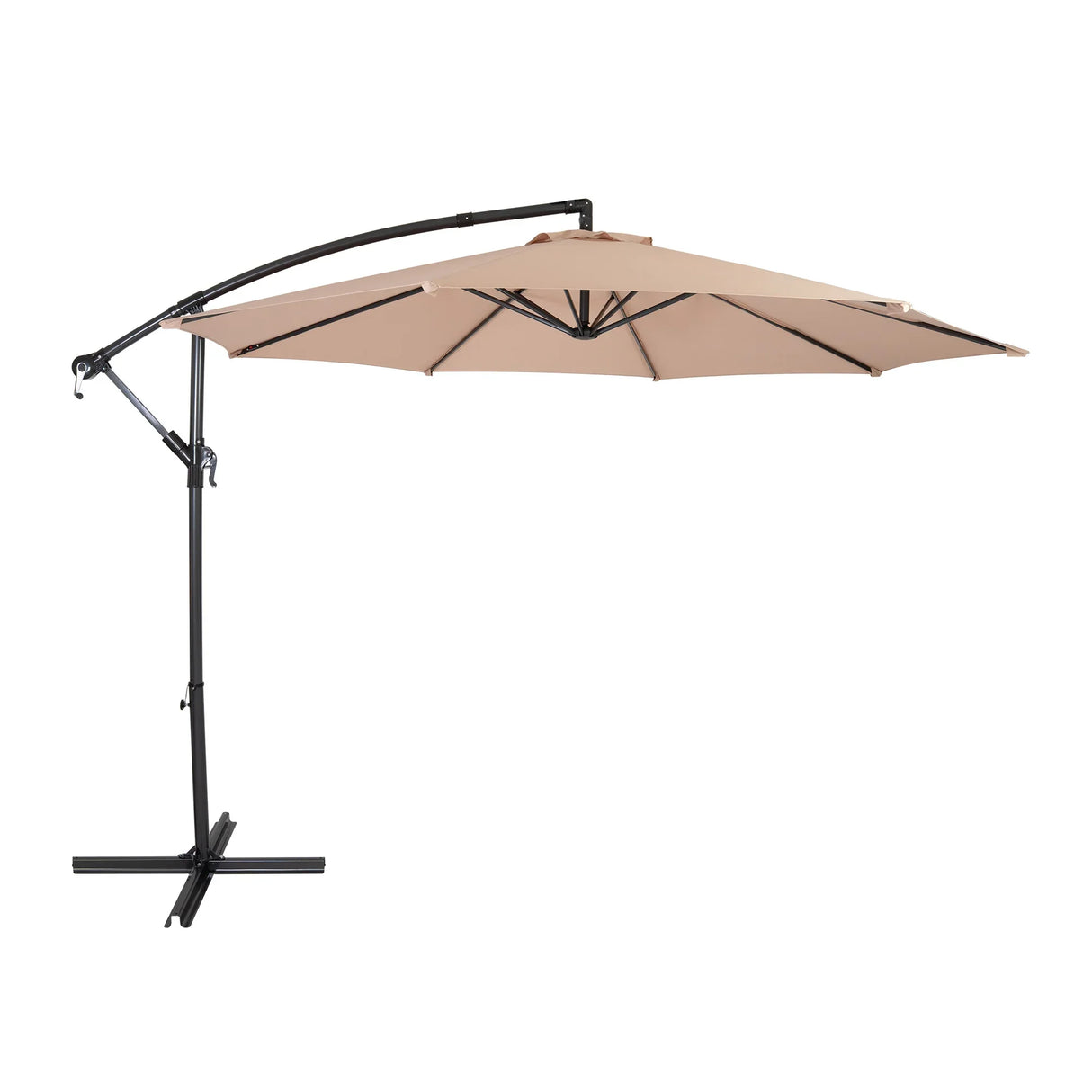 Beige cantilever parasol with a 3m canopy, featuring a sturdy black metal frame and a curved arm for adjustable shade coverage