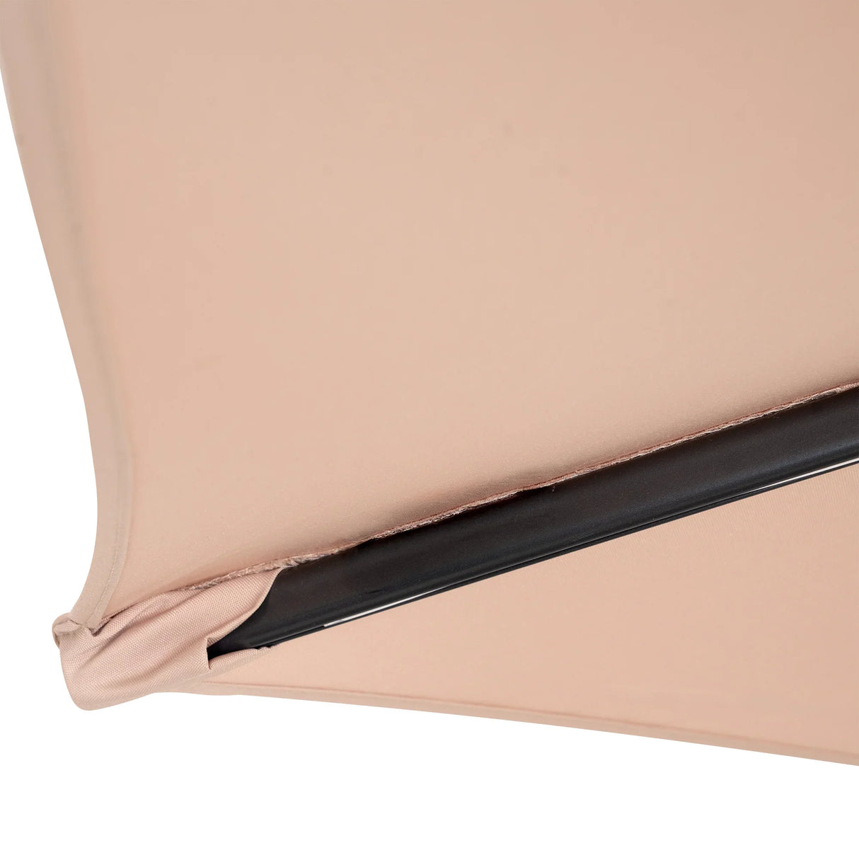 Beige cantilever parasol with a sleek, curved canopy and sturdy black frame, designed for outdoor shade and style