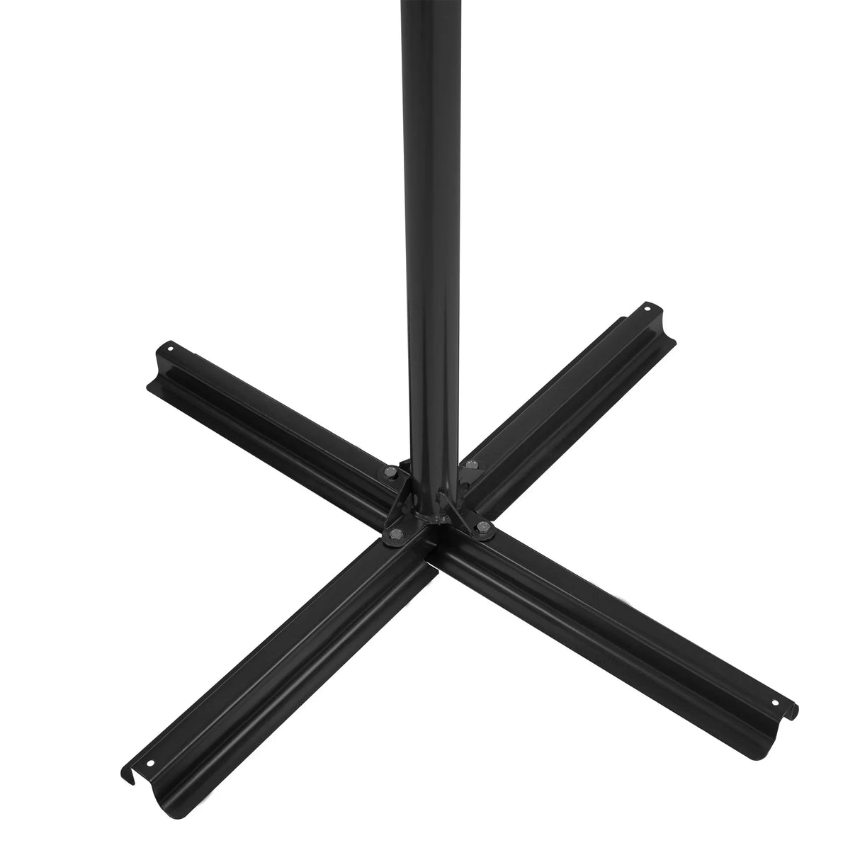 Sturdy black metal base of a cantilever parasol, featuring a cross-shaped design for stability and support in outdoor settings