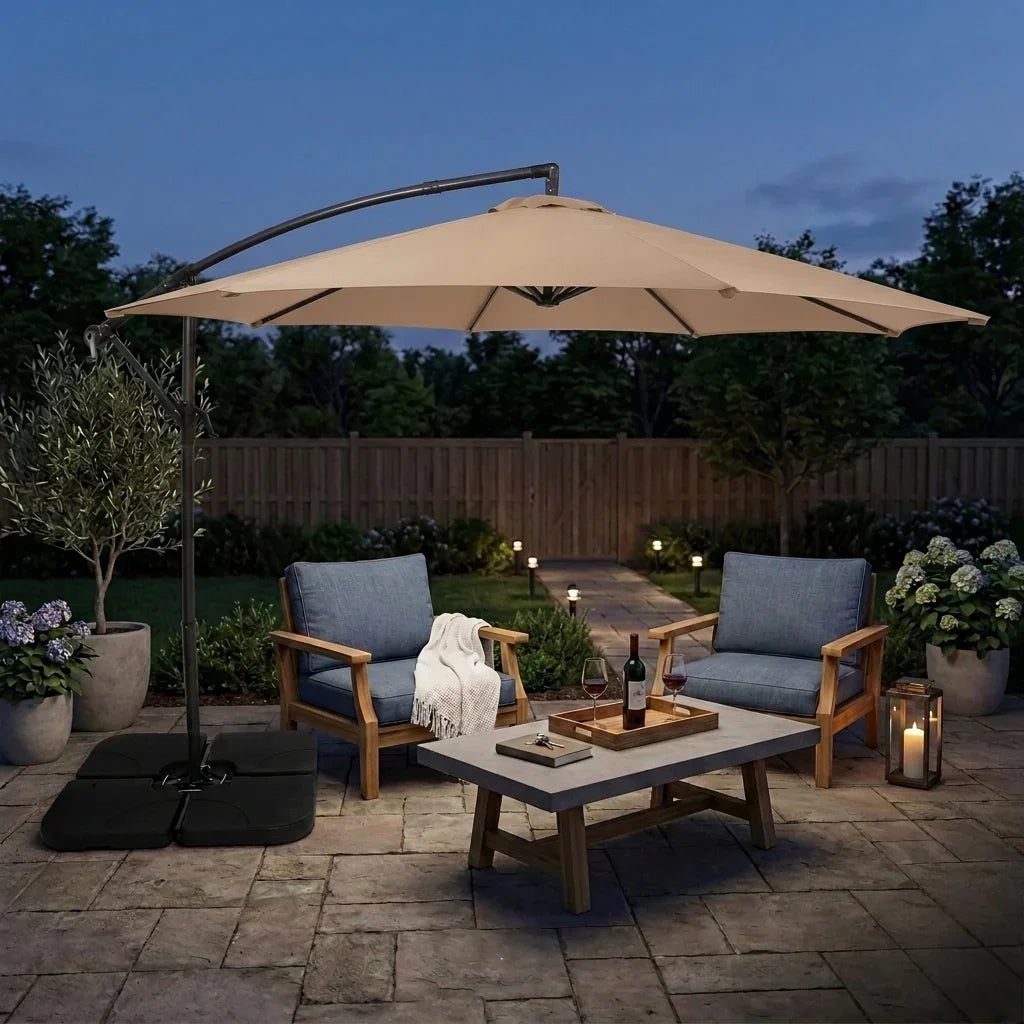 Beige cantilever parasol with a sturdy base, providing shade over a cozy outdoor seating area with wooden chairs and a table