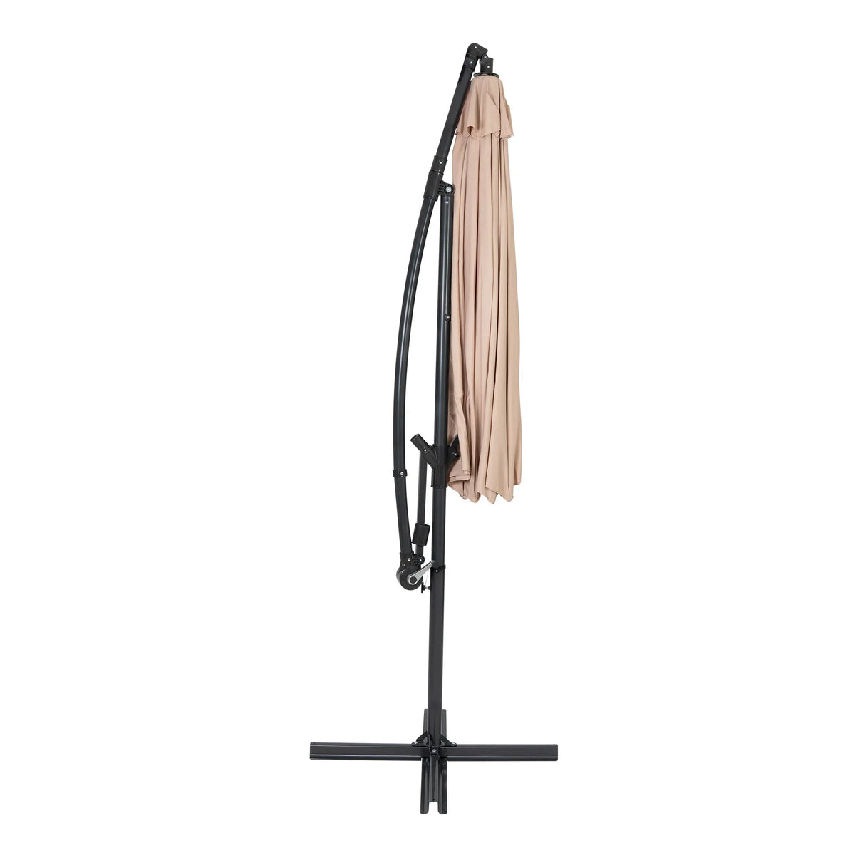 Beige cantilever parasol with a sleek black frame, featuring a curved design and a sturdy base for outdoor shade and style