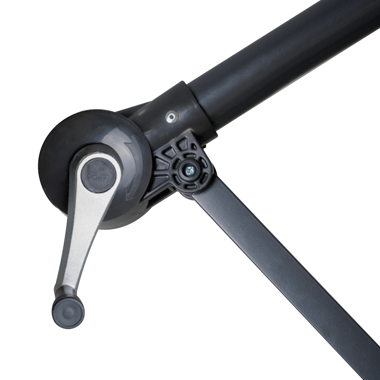 Beige cantilever parasol with a sturdy black metal frame and adjustable crank mechanism for easy opening and closing