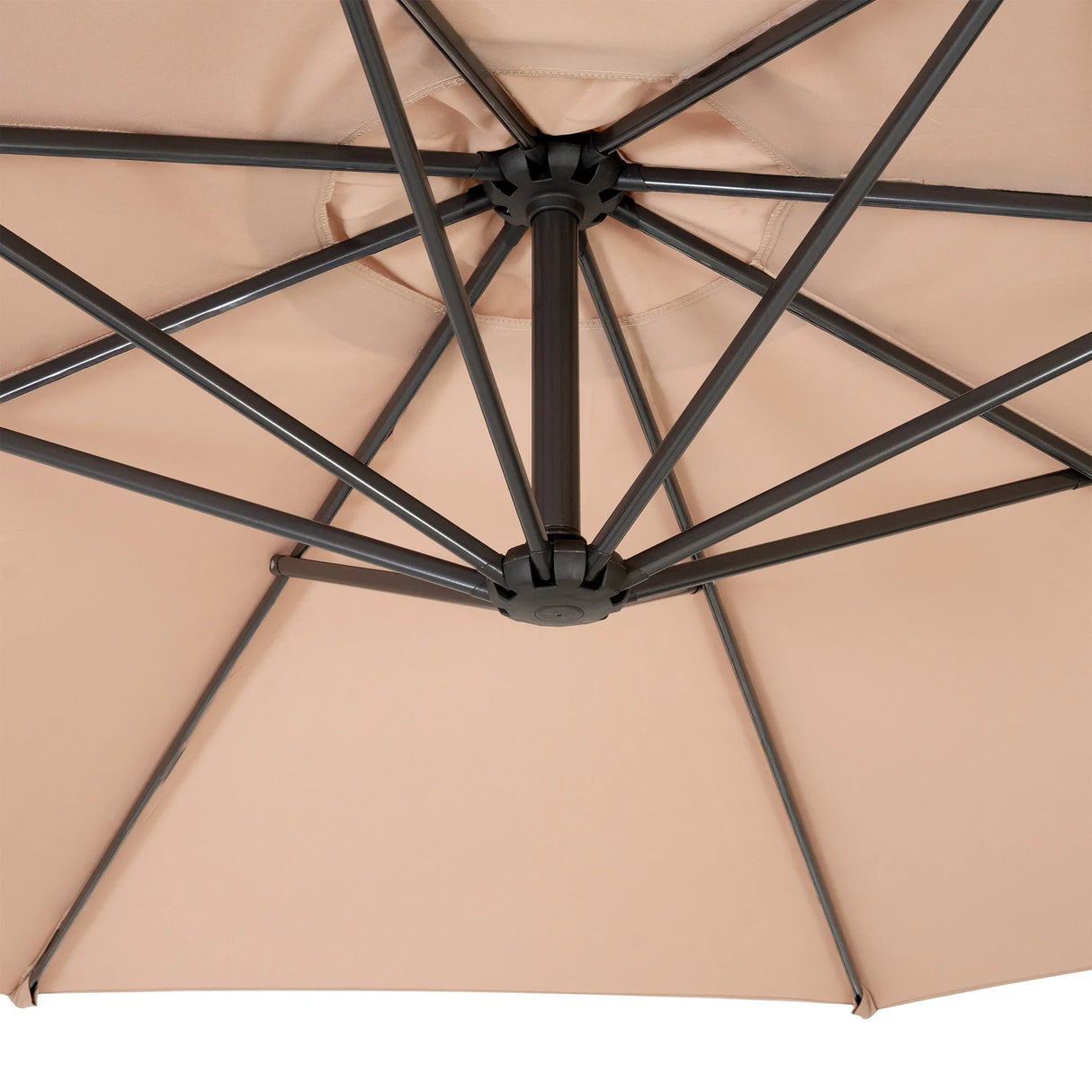 Beige cantilever parasol with a sturdy metal frame and intricate ribbing, showcasing a spacious canopy for optimal sun protection