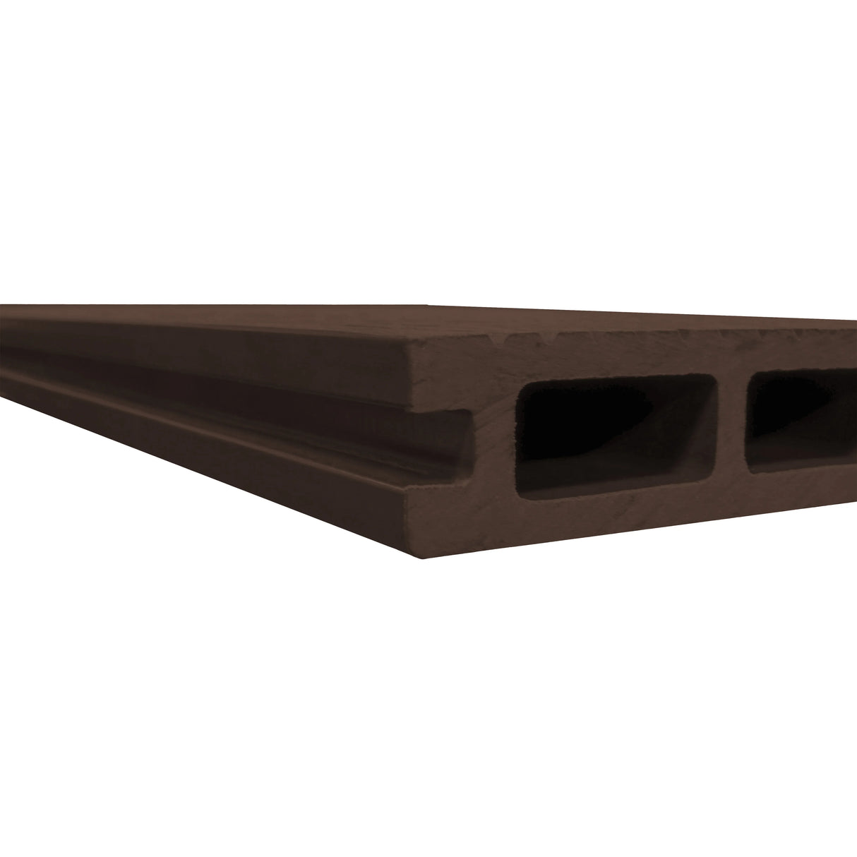 Conker brown composite decking board with a smooth finish and hollow design, ideal for outdoor decking projects and patios