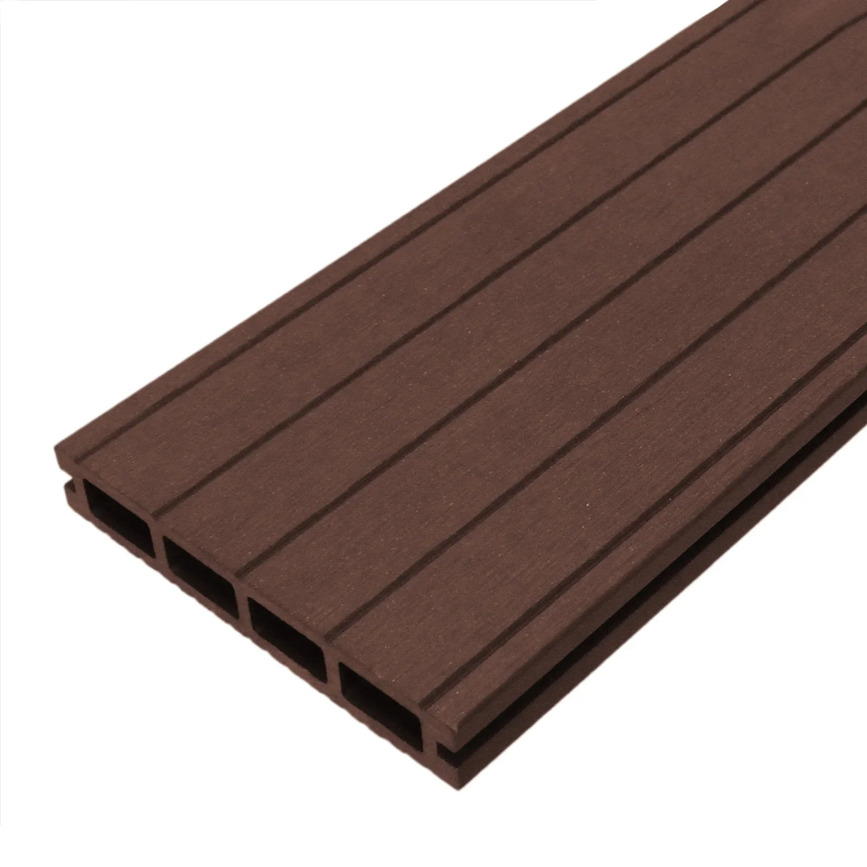 Composite decking board in Conker Brown, featuring a textured surface with grooves, ideal for outdoor spaces and durability