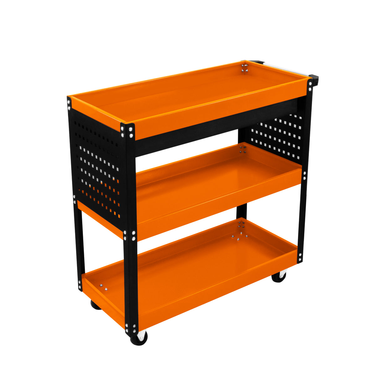 Sturdy black and orange T-Mech tool storage trolley with three shelves, featuring a perforated design and smooth rolling wheels
