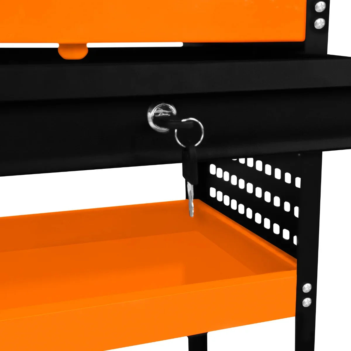 T-Mech Tool Storage Trolley features a sleek black frame with vibrant orange shelves, a secure locking mechanism, and sturdy construction for organization