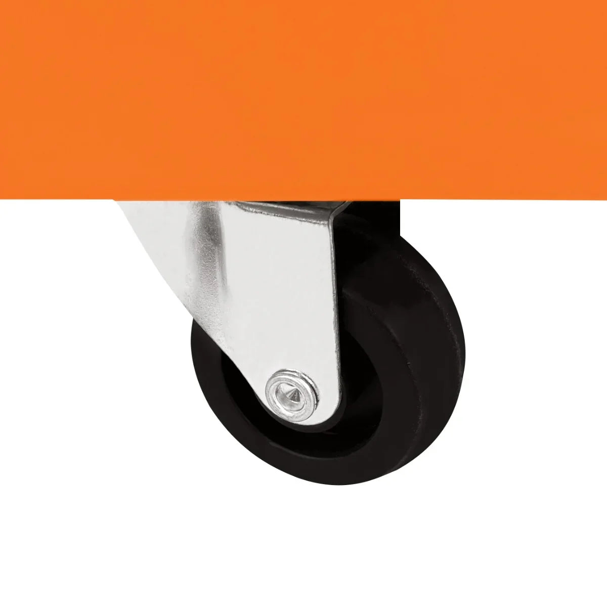 Close-up of a durable black rubber wheel on a T-Mech Tool Storage Trolley, showcasing its sturdy metal swivel and smooth mobility