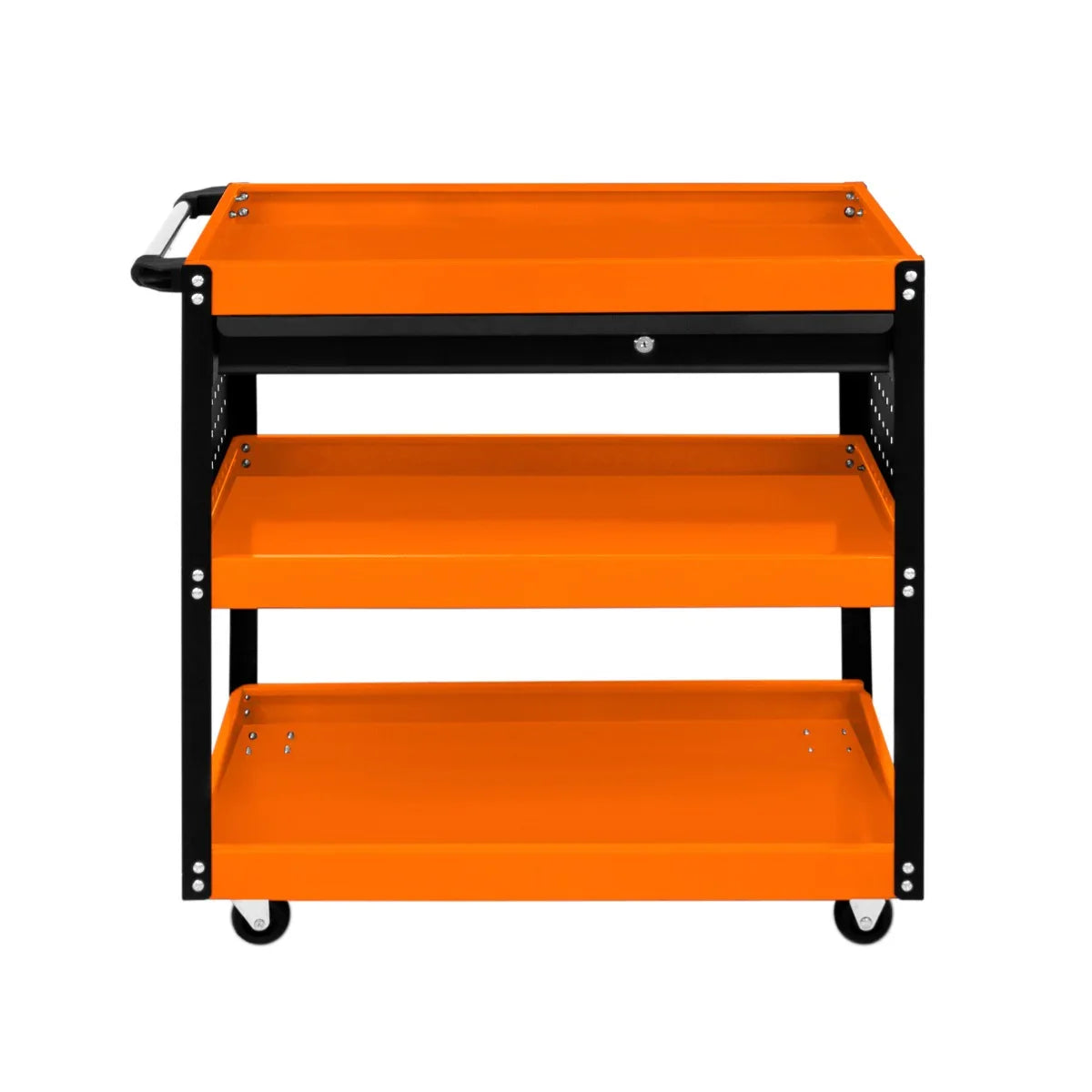 T-Mech Tool Storage Trolley with a vibrant orange top, sturdy black frame, and two spacious shelves on rolling wheels