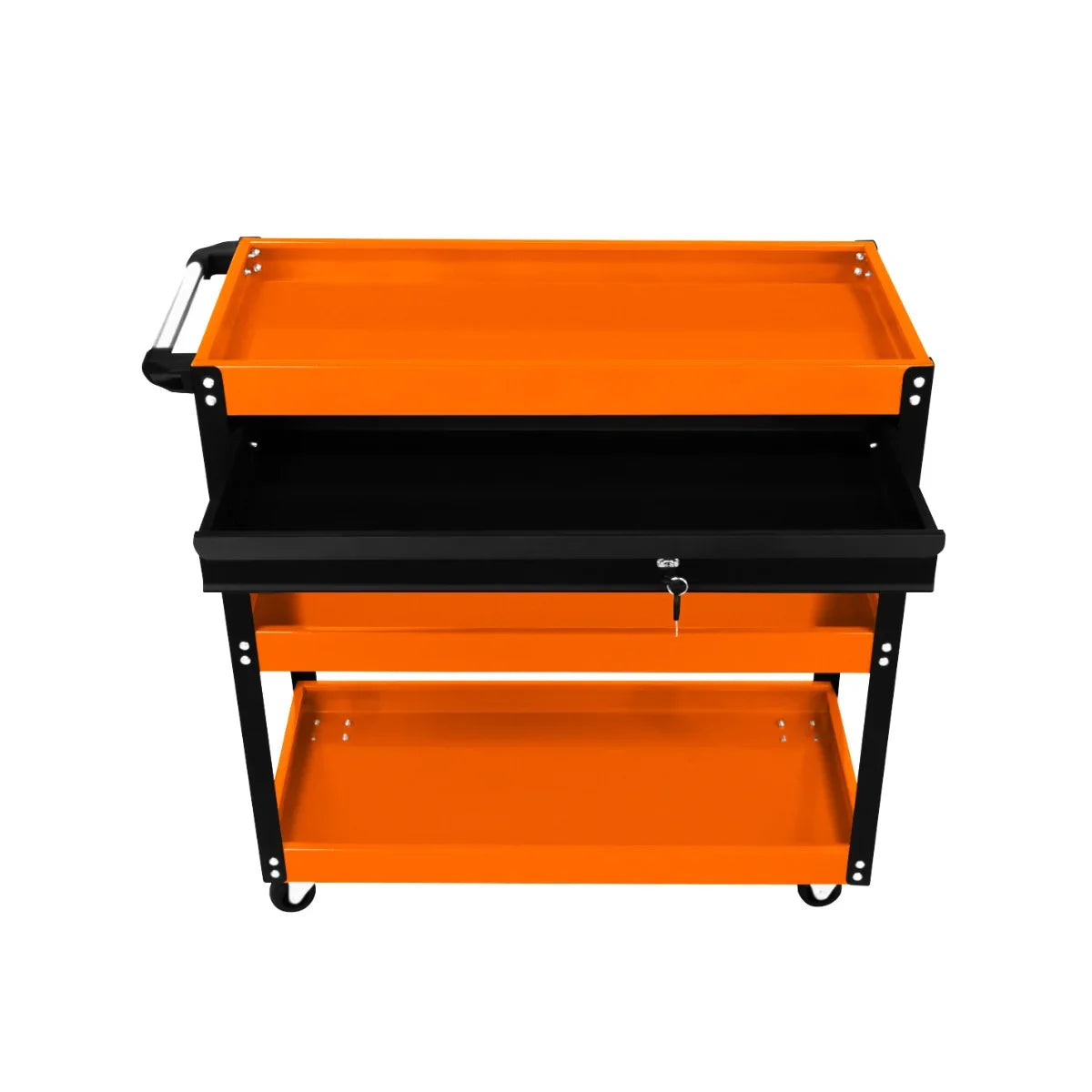 T-Mech Tool Storage Trolley with a vibrant orange top, black drawer, and sturdy metal frame, featuring smooth-rolling wheels and a lockable drawer