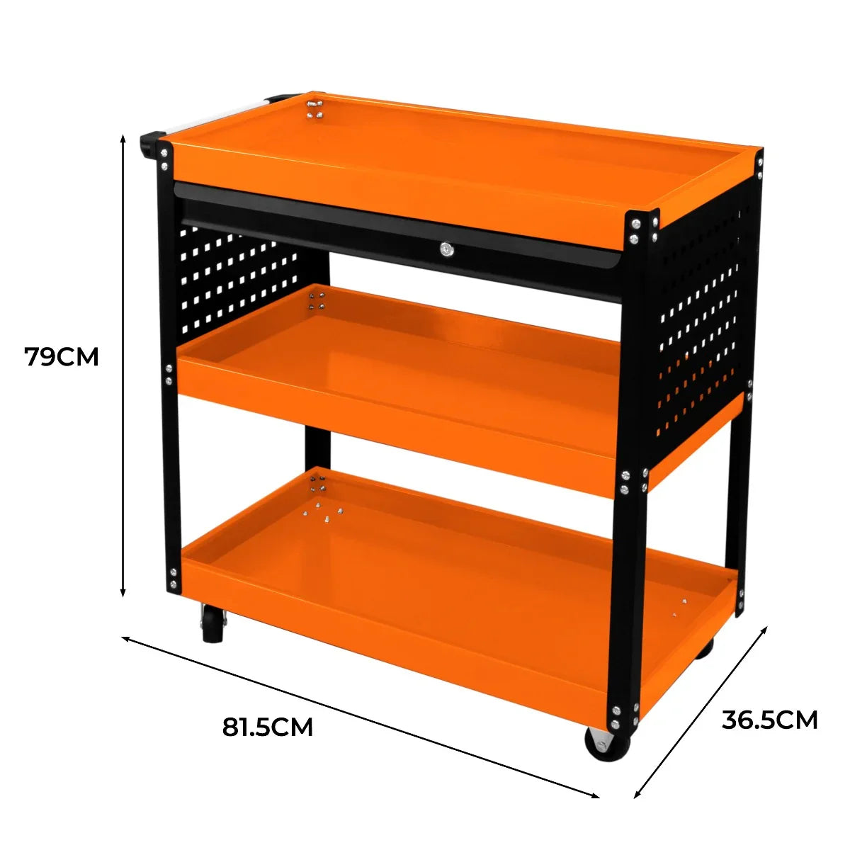 T-Mech Tool Storage Trolley with a vibrant orange top, black frame, and two spacious shelves, ideal for organizing tools and equipment