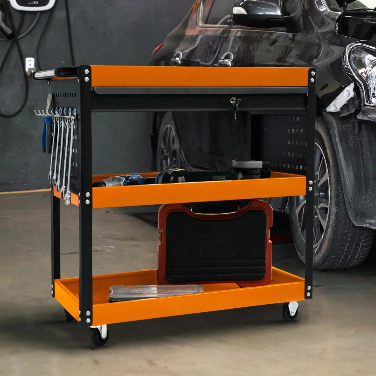 T-Mech Tool Storage Trolley in black and orange, featuring two shelves, tool hooks, and a sturdy design, ideal for organizing tools