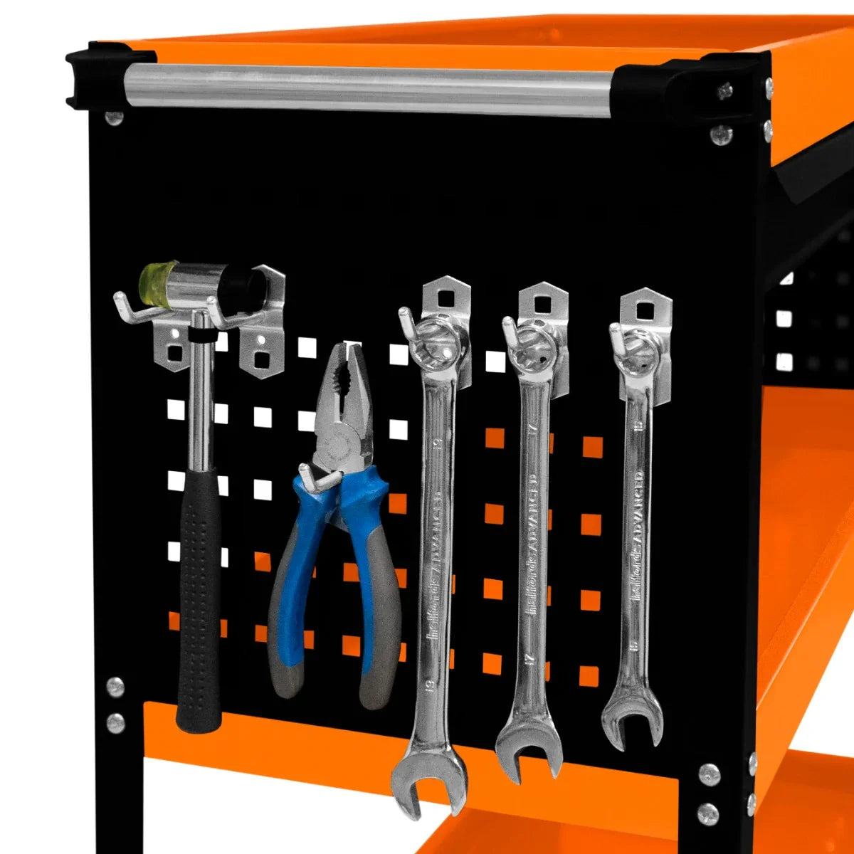 T-Mech Tool Storage Trolley featuring a sturdy black frame with orange accents, showcasing hanging tools like pliers and wrenches