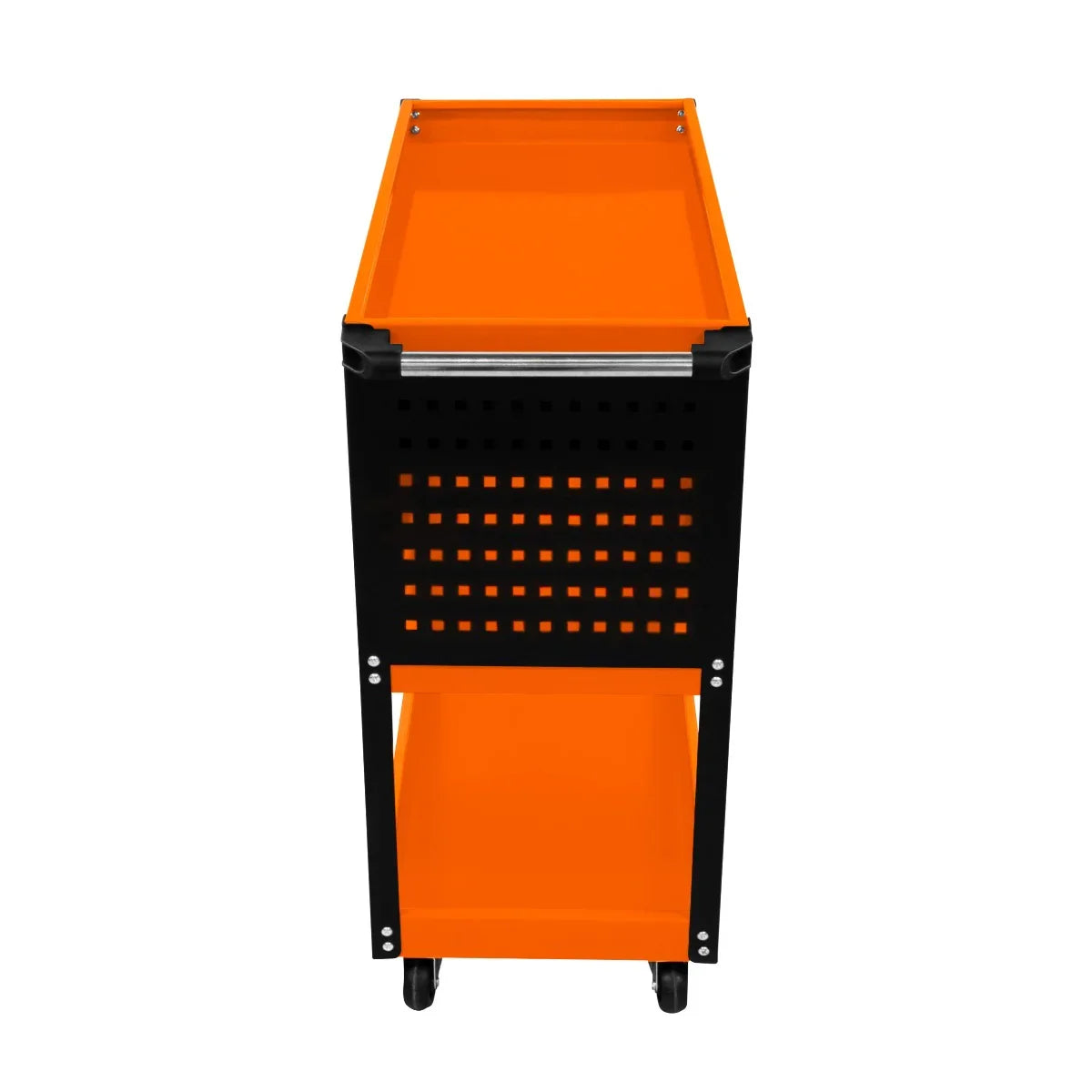 T-Mech Tool Storage Trolley features a sturdy black frame with an orange top, perforated sides, and two spacious shelves for organized storage