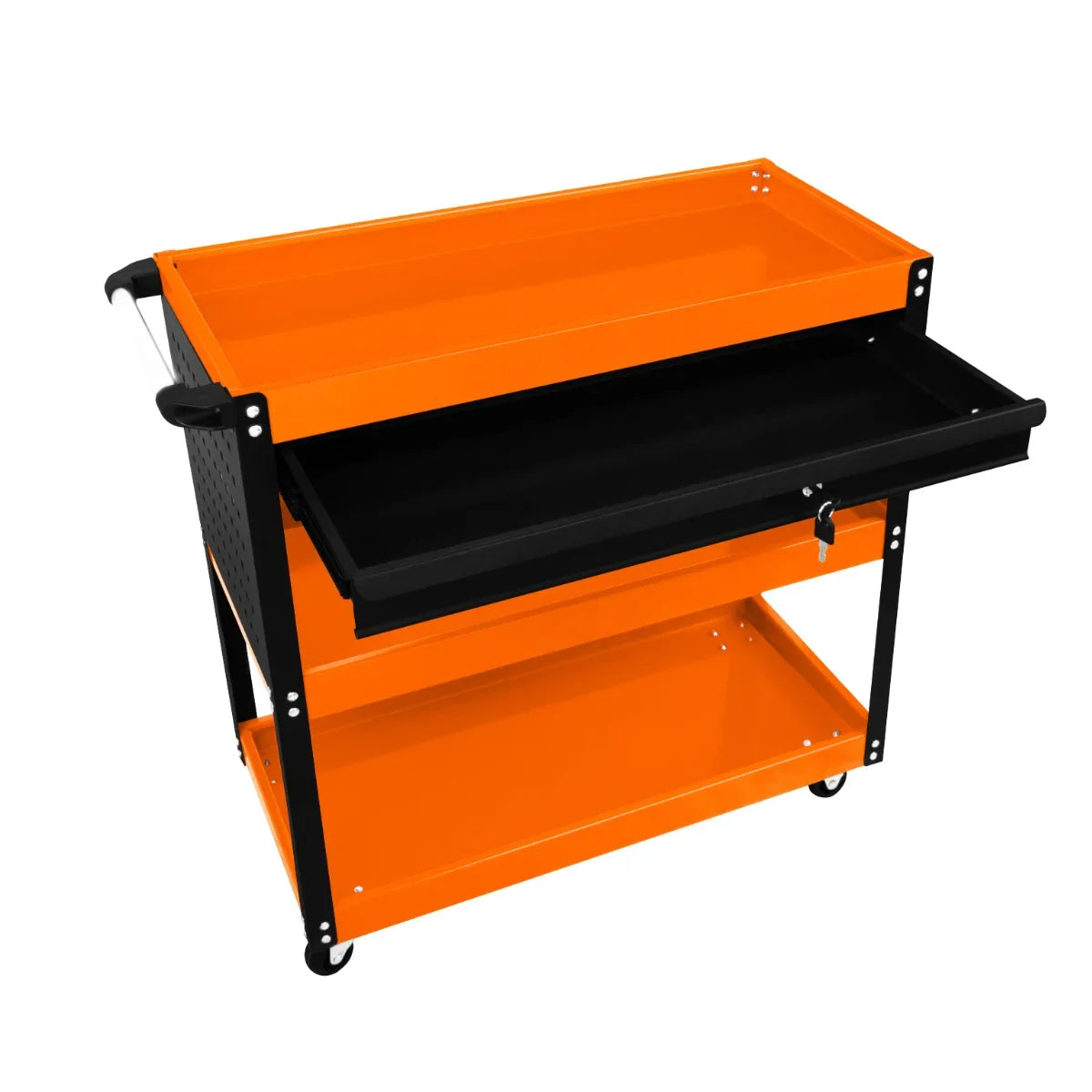 T-Mech Tool Storage Trolley featuring a vibrant orange top, black drawer, and sturdy metal frame with wheels for easy mobility