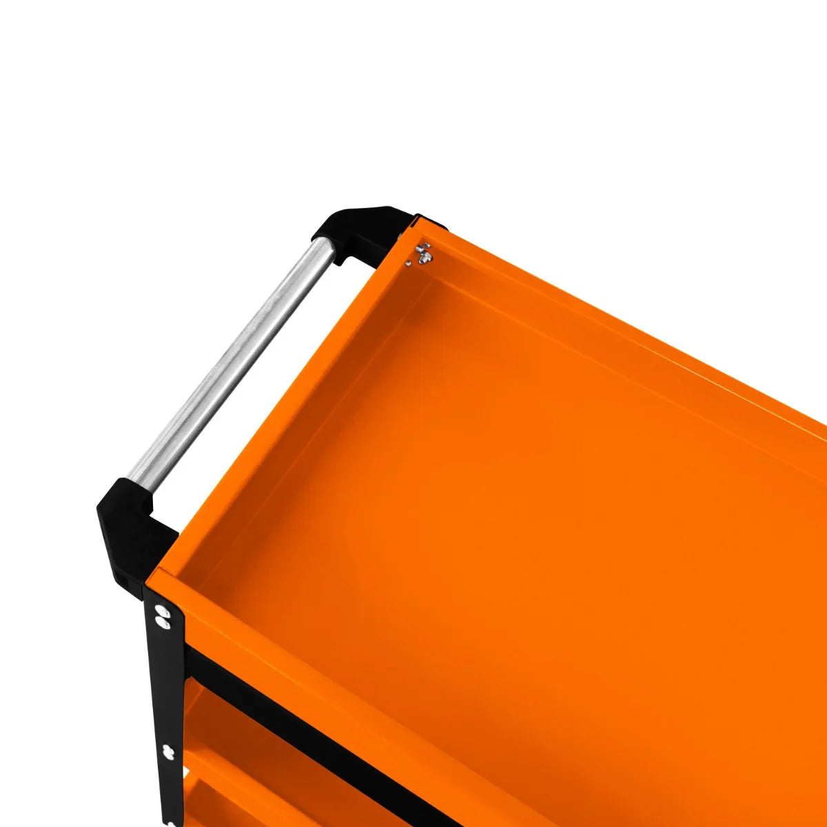 Bright orange T-Mech Tool Storage Trolley with a sturdy metal frame, featuring a smooth surface and ergonomic handle for easy maneuverability