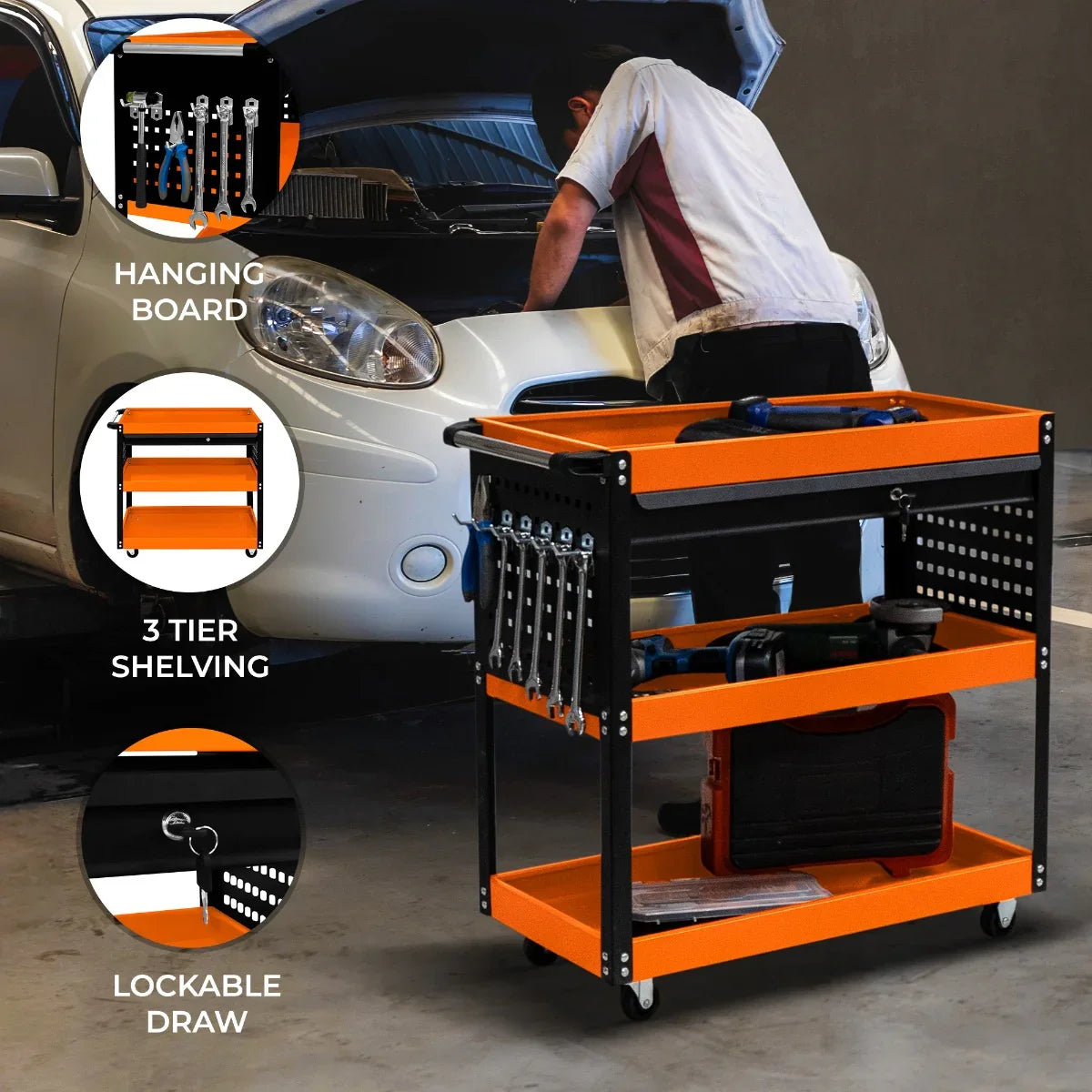 T-Mech Tool Storage Trolley with orange shelves, black frame, three tiers, lockable drawer, and hanging board for tools