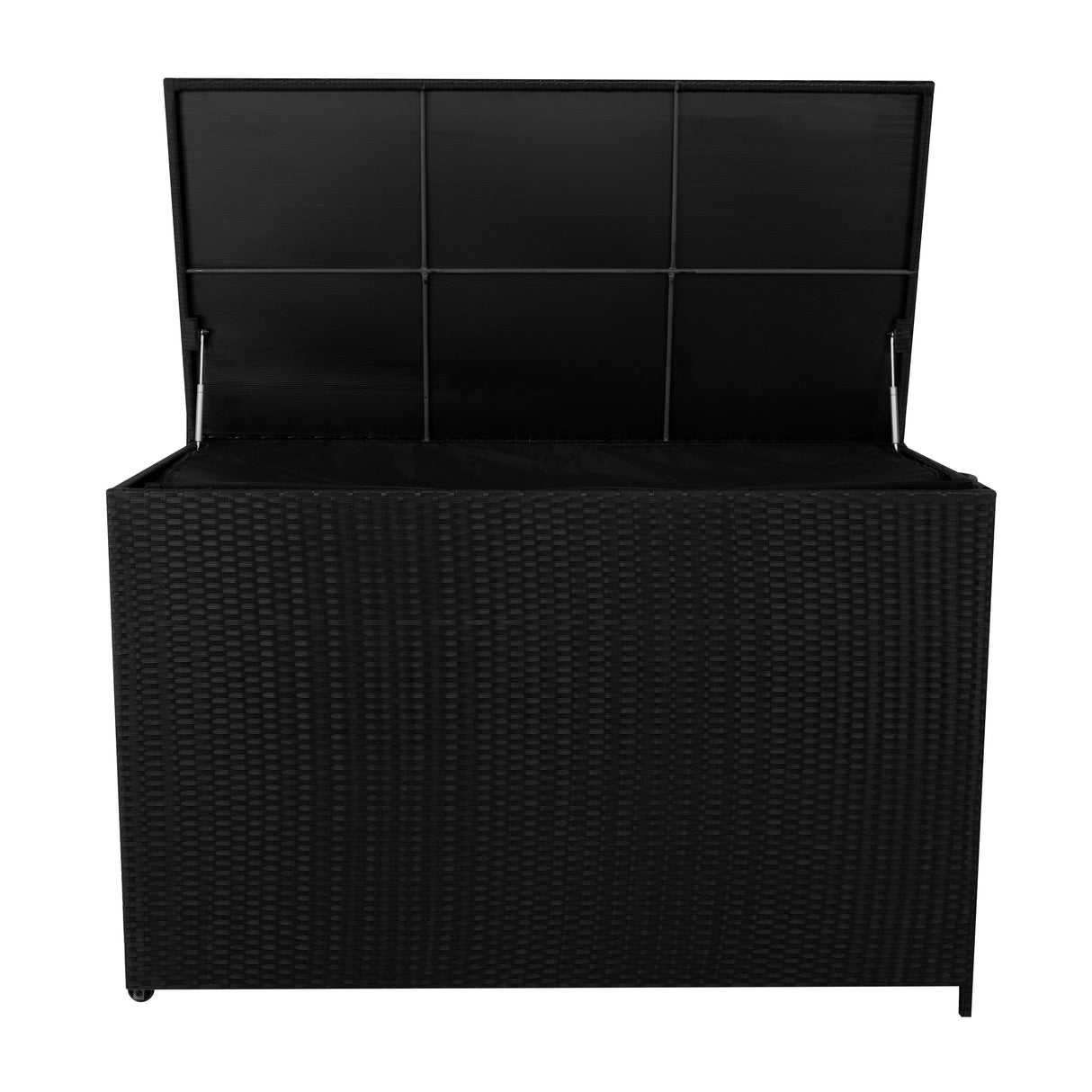 Stylish black rattan cushion storage box with a textured weave, featuring a spacious interior and a hinged lid for easy access
