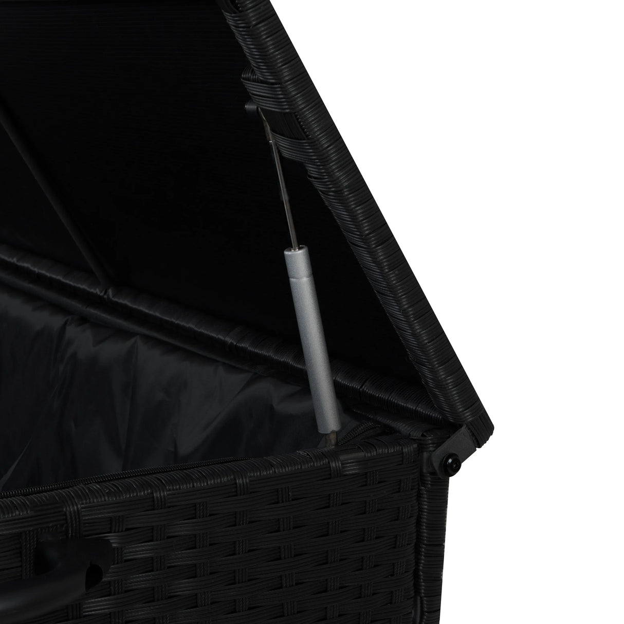 Black rattan cushion storage box with a textured weave, open lid, and sturdy silver hinge, perfect for outdoor or indoor use