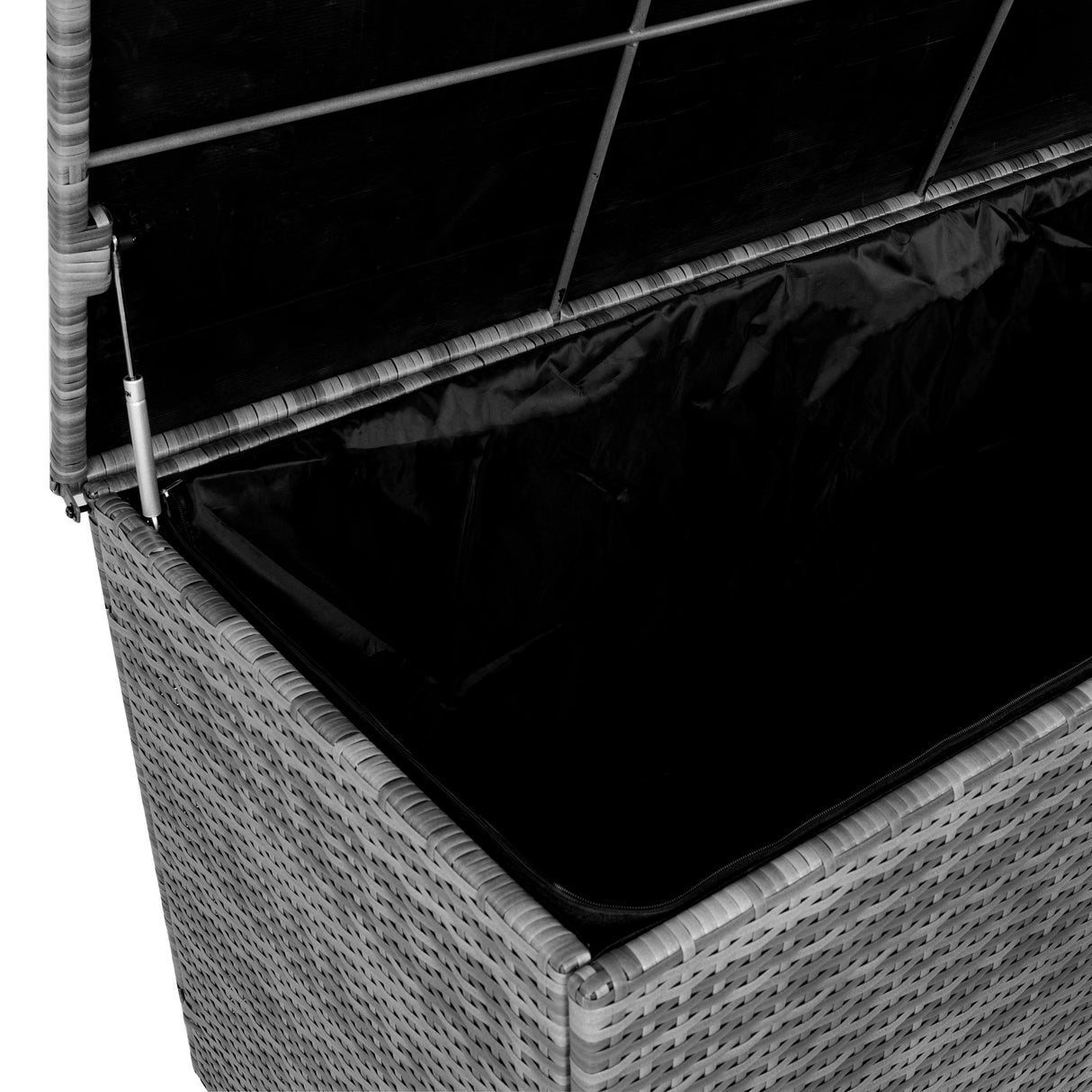 Grey rattan cushion storage box with a textured woven exterior and a spacious black interior, ideal for outdoor storage solutions