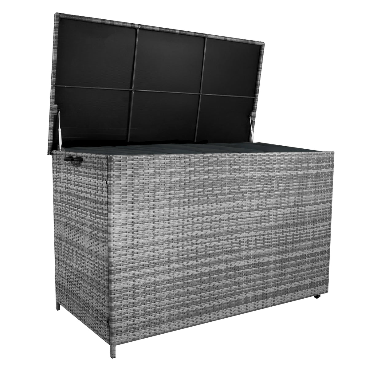 Grey rattan cushion storage box with a textured weave, spacious interior, and a hinged lid for easy access and organization