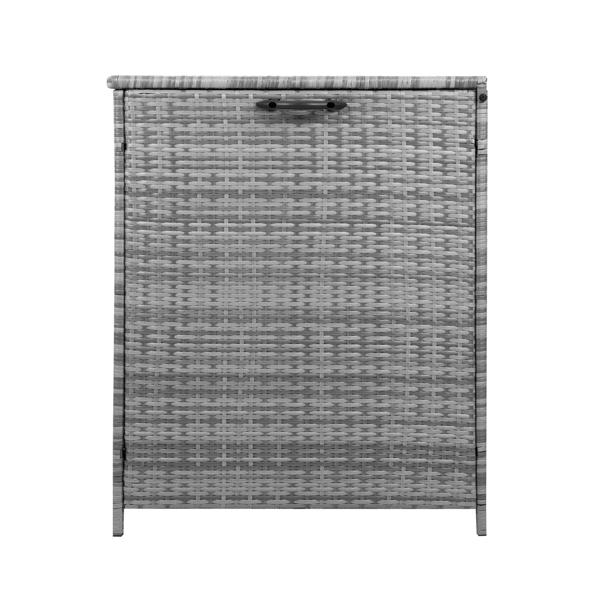 Grey rattan cushion storage box with a textured woven design, featuring a flat top and sturdy handles for easy access and organization